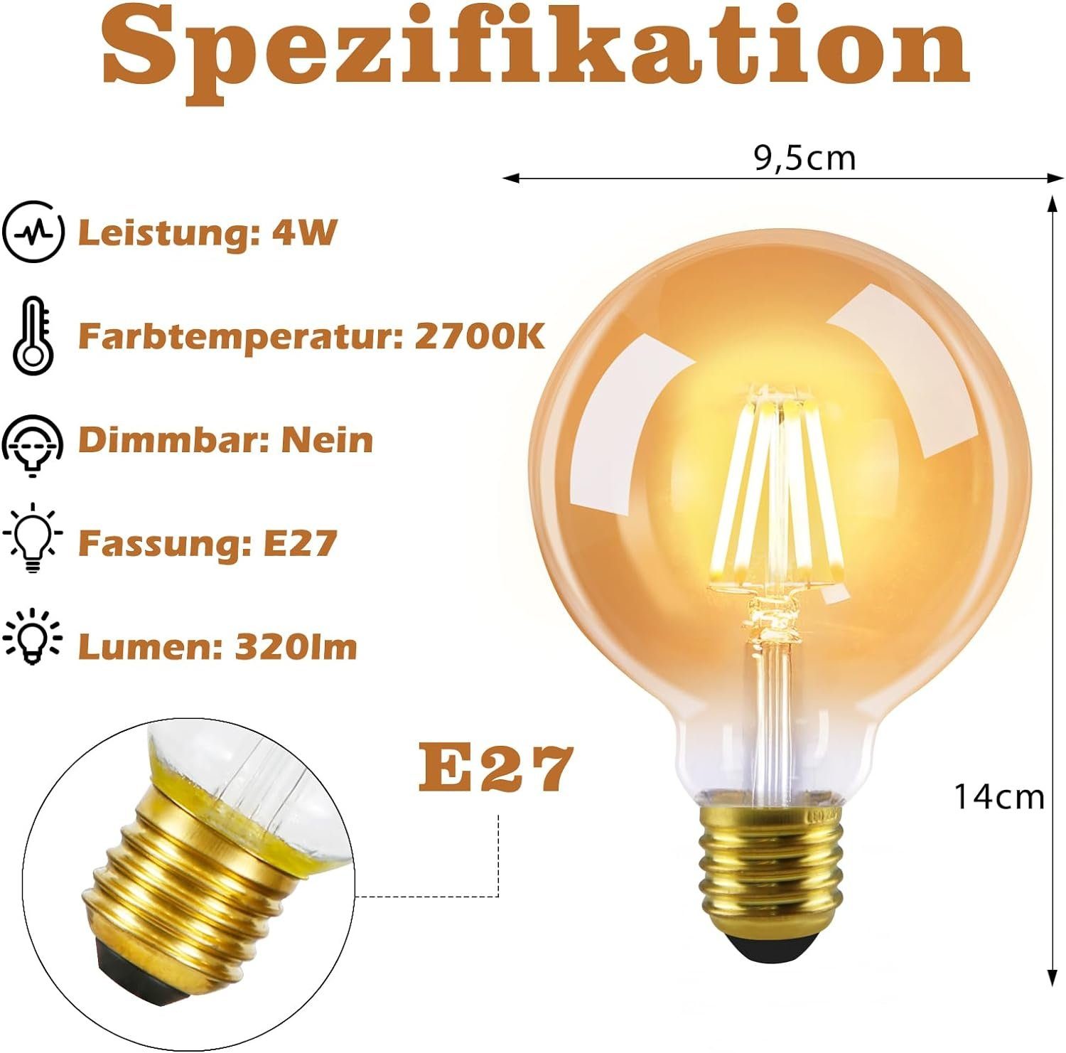 NETTLIFE Lot de 2 ampoules LED E27 lampe vintage - ampoule à filament blanc chaud G95 2700K 4W Edison, idéale pour maison, hôtel, café, bar - 2