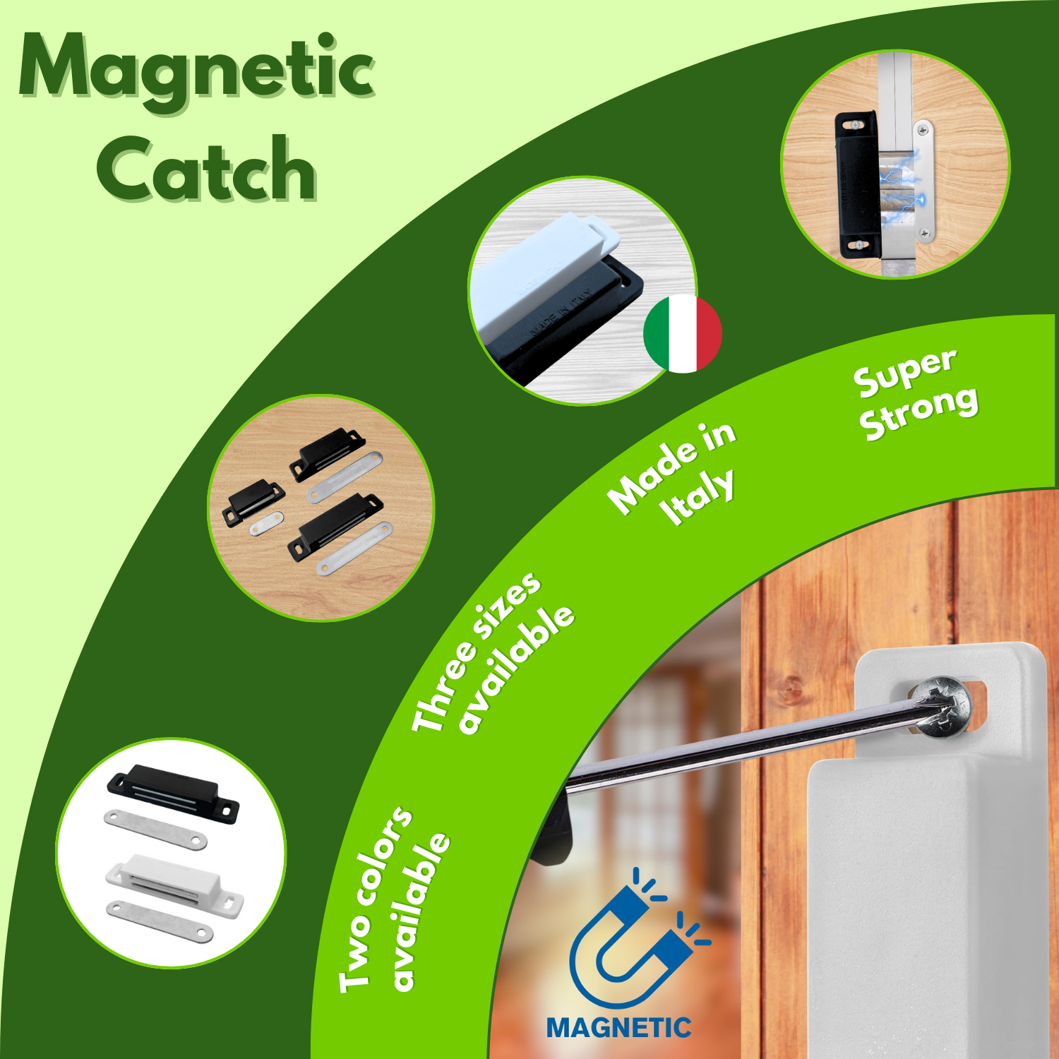 Fermeture magnétique pour meubles, portes, armoires et tiroirs, loquet magnétique avec aimant pour battants - 4 pièces - (Blanc, Moyen). - 2
