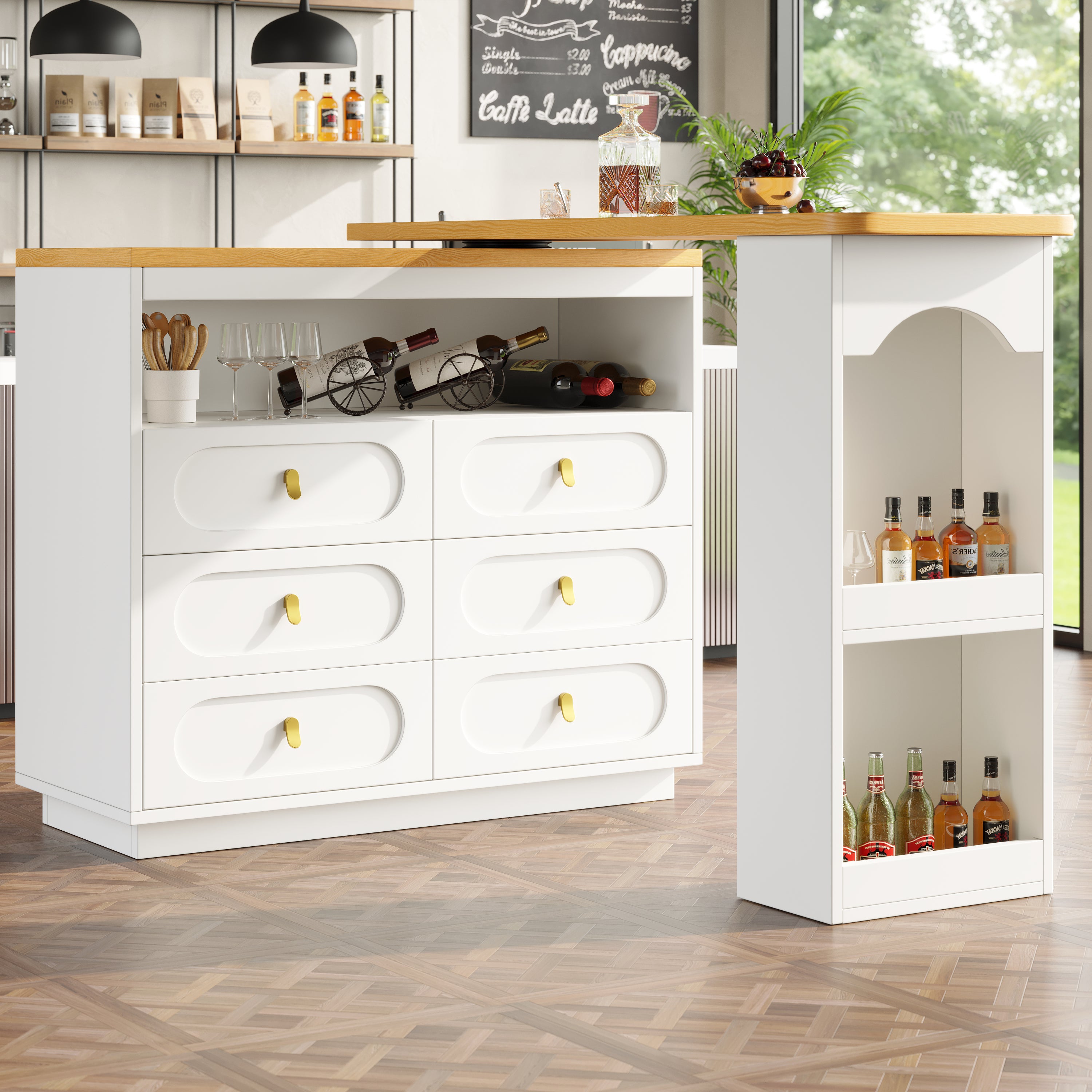 Rozkładany barek kuchenny - z obrotem 360° - 203x39x90 cm - 6 szuflad - z półkami bocznymi - biały
