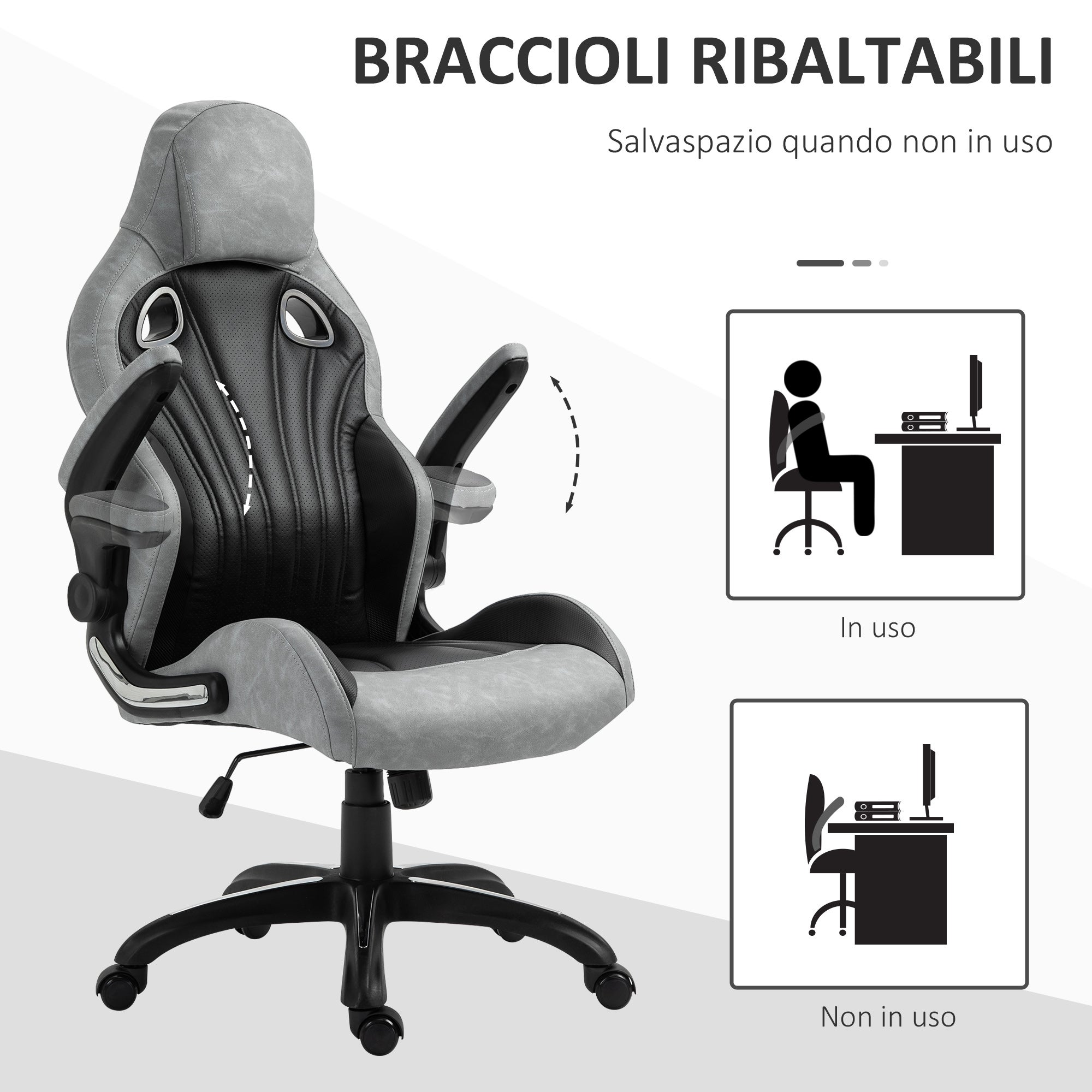 Vinsetto Sedia da Ufficio Poltrona Gaming, Ergonomica con Schienale Alto, Girevole e Altezza Regolabile, Nero e Grigio - 5