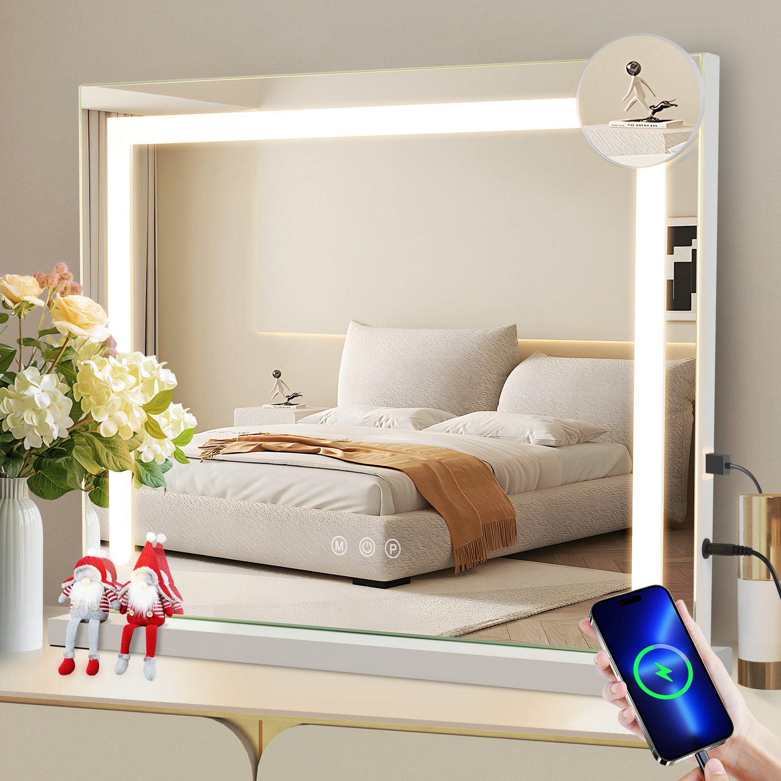 NETTLIFE Oglindă de machiaj cu iluminare variabilă cu 3 moduri de iluminare color Oglindă mărind 5x Conexiune USB pentru dressing