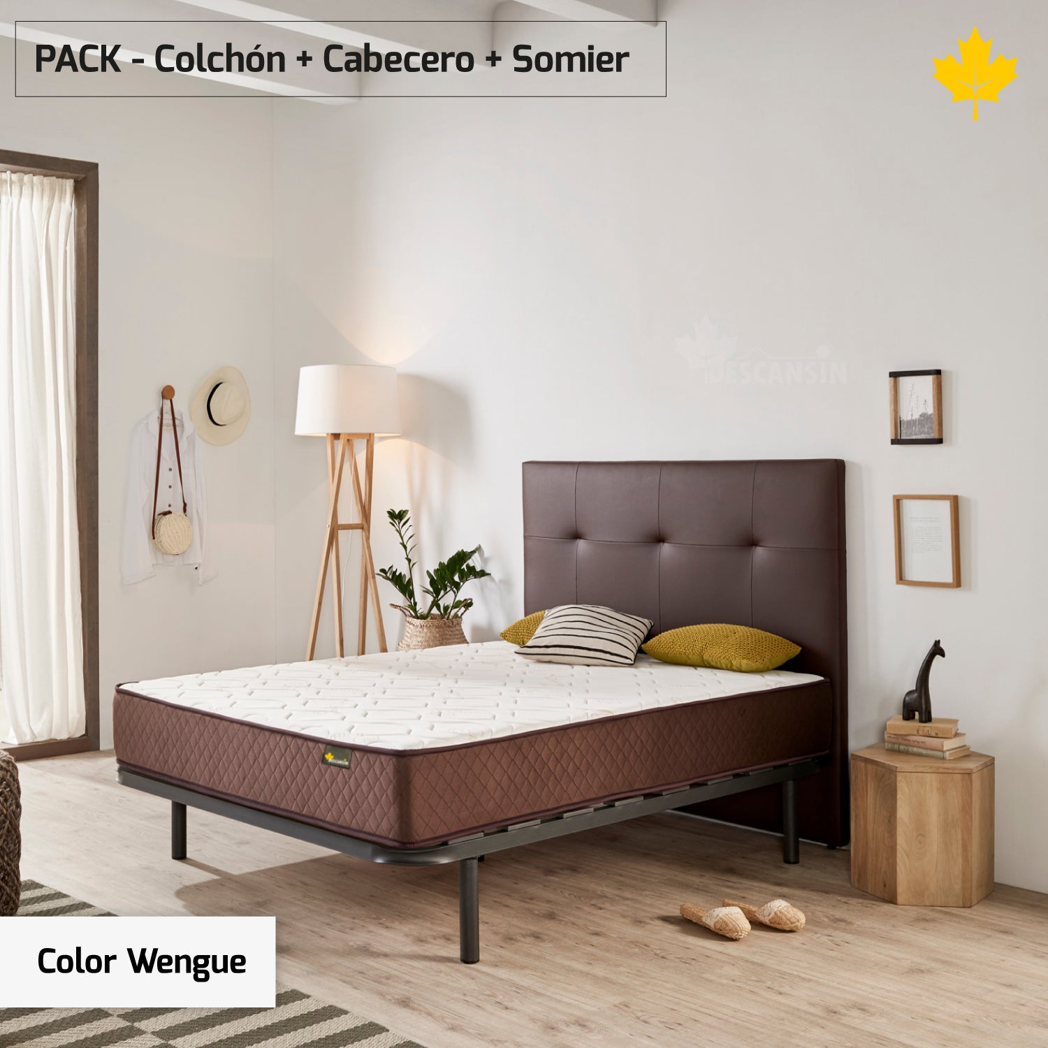 Pack colchon + cabecero tapizado + somier descansin   105 x 190   wengue   ideal para personas con dolores de espalda   facil montaje   silencioso