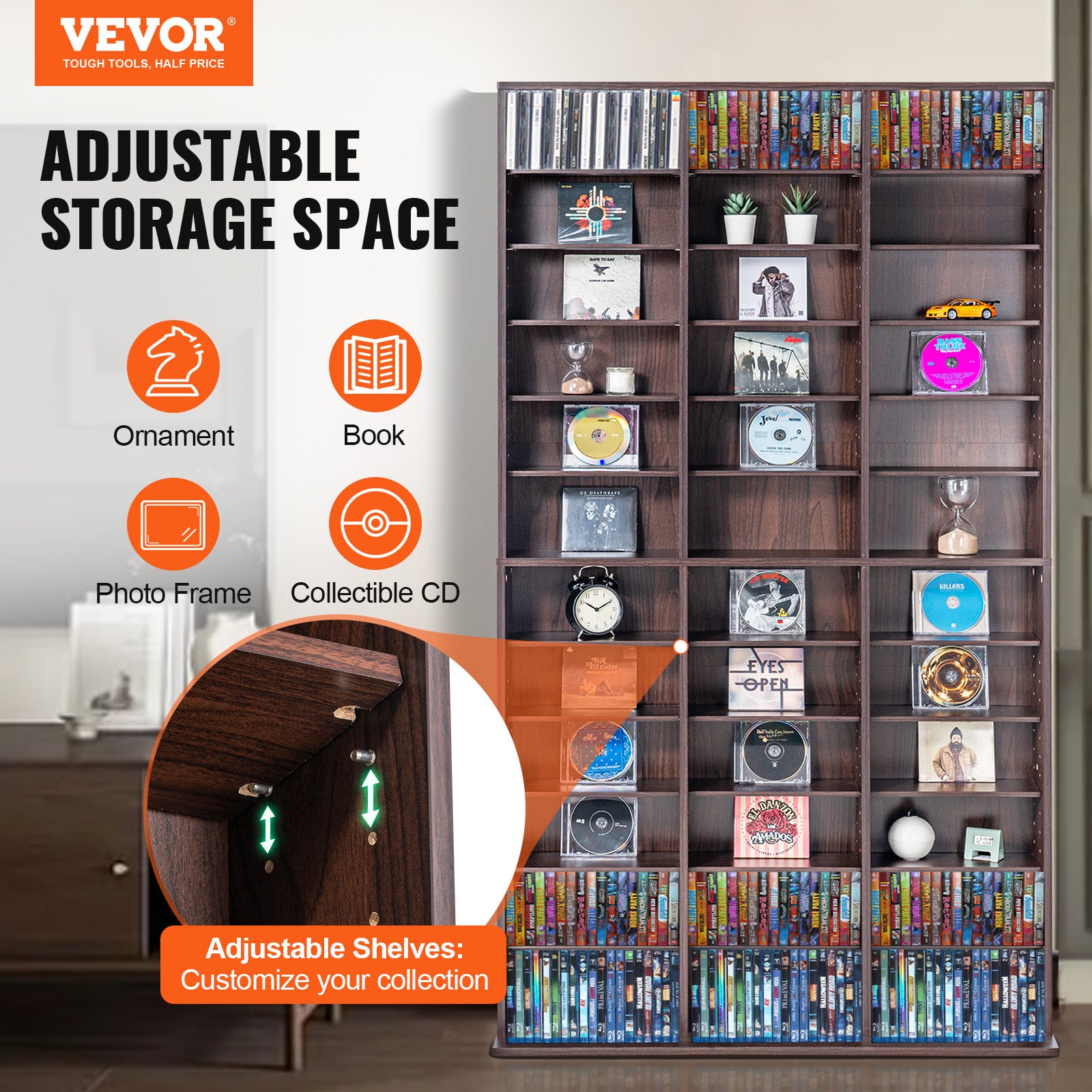 Caixa para CD/DVD VEVOR, ajustável com 36 compartimentos, prateleira para DVD de 12 camadas comporta 1080 CD, protege e organiza as coleções de música - 2