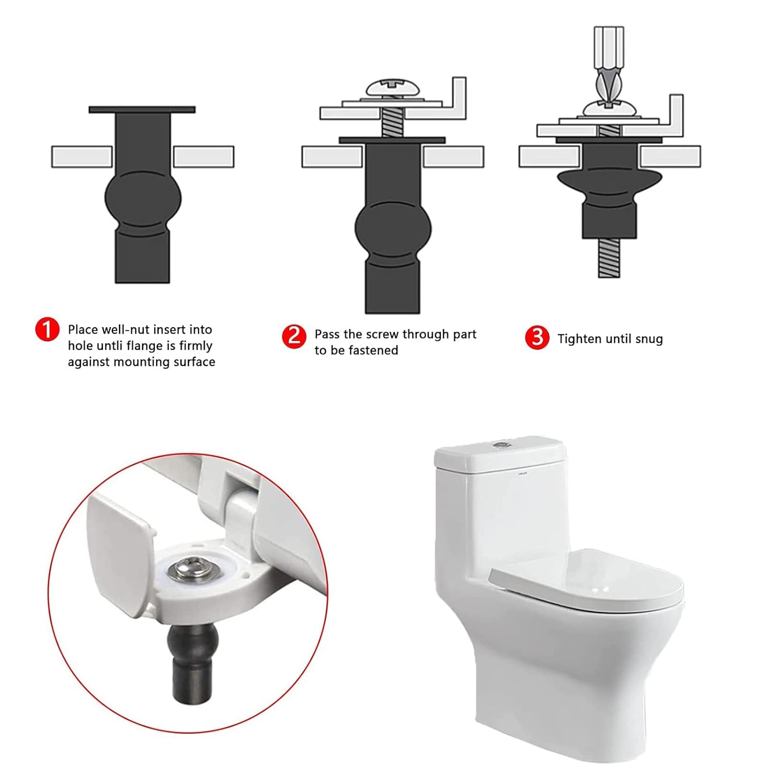 Kit De 6 Pièces Pour WC – Vis Et Charnières Noires – Pour Abattant, Cuvette, Lunette – Remplacement Facile - 7