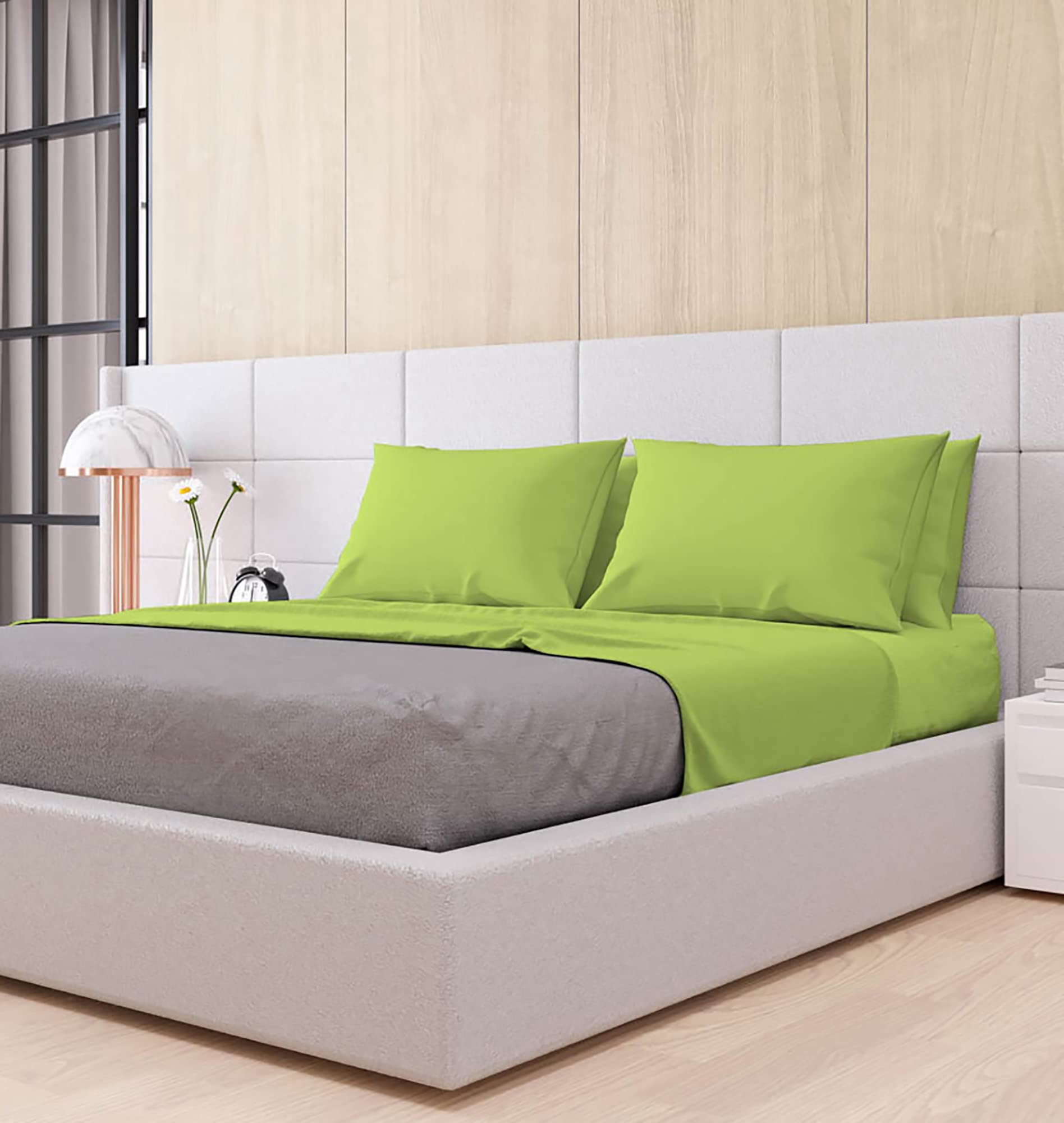 COMPLETO LETTO MAX COLOR, 100% COTONE, MADE IN ITALY, MATRIMONIALE, VERDE ACIDO - 2