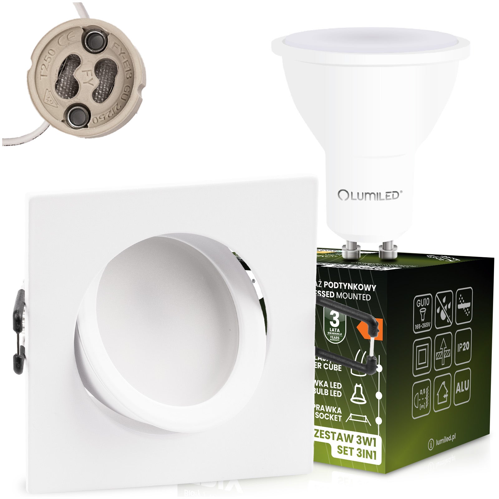 Oprawa Halogenowa Oczko Lumiled Podtynkowa Kwadratowa Ruchoma 3w1 GU10 6W 4000K Neutralna biel Biały mat