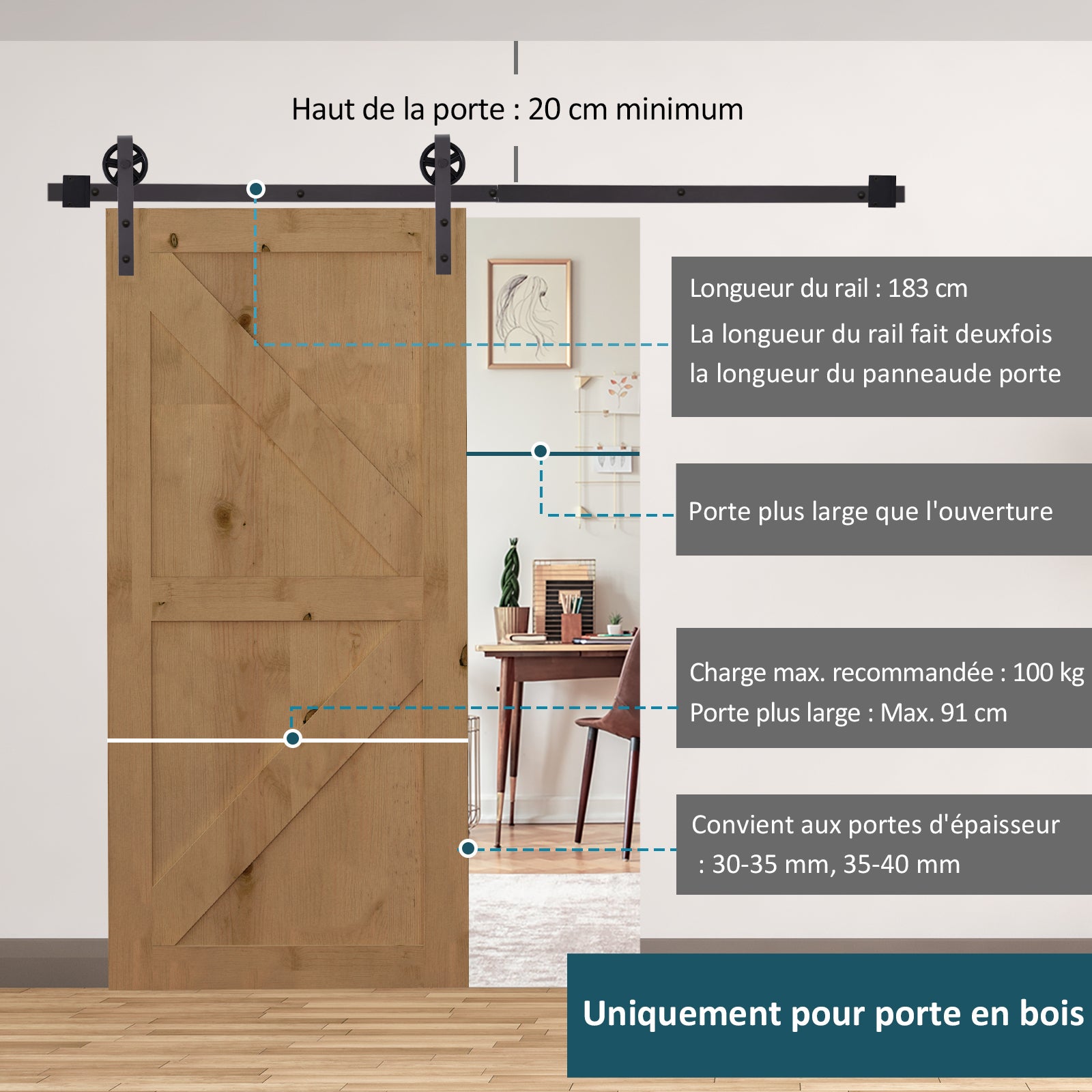 Kit de rail pour porte coulissante quincaillerie grange à porte coulissante en acier au carbone longueur de rail 183cm café - 6