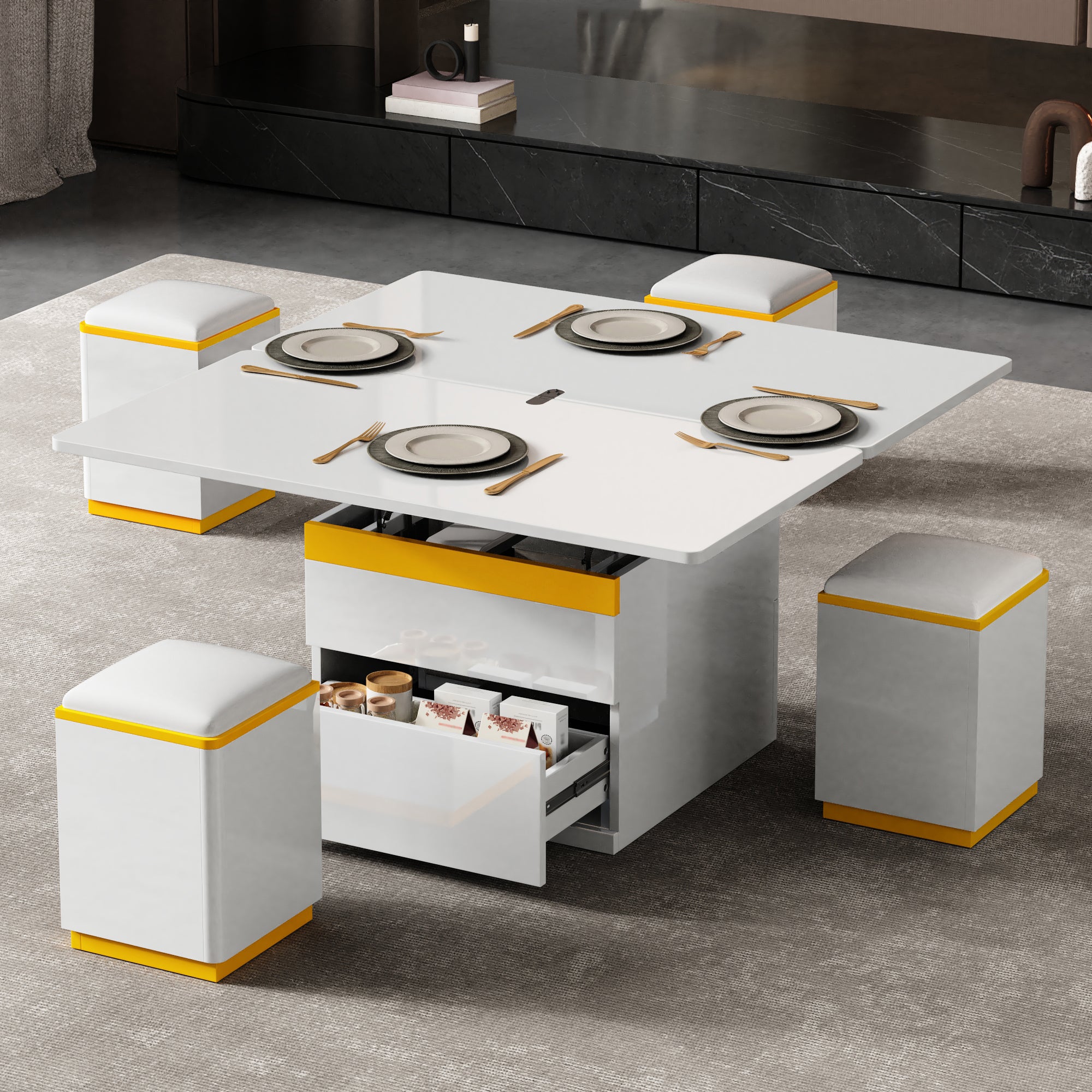 Stolik kawowy z podnoszonym blatem, 4 krzesłami i 2 szufladami – 100 x 50 x 43 cm – Płyta wiórowa + MDF – Kolor biały - 7