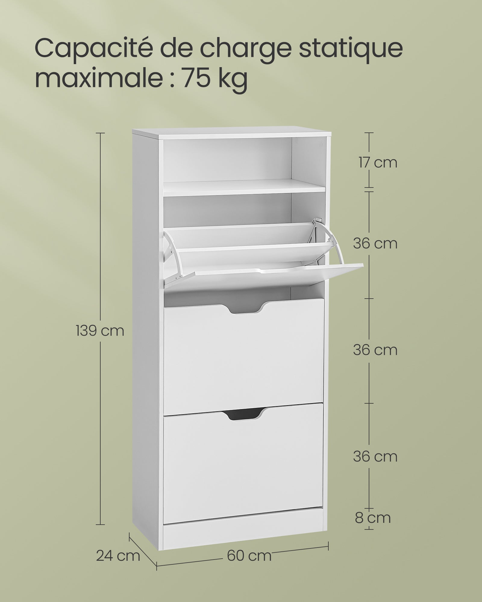 Meuble à Chaussures 3 Portes Battantes, Compartiment Ouvert, Séparateur Réglable, 24 x 60 x 139 cm, Blanc Nuage - 5
