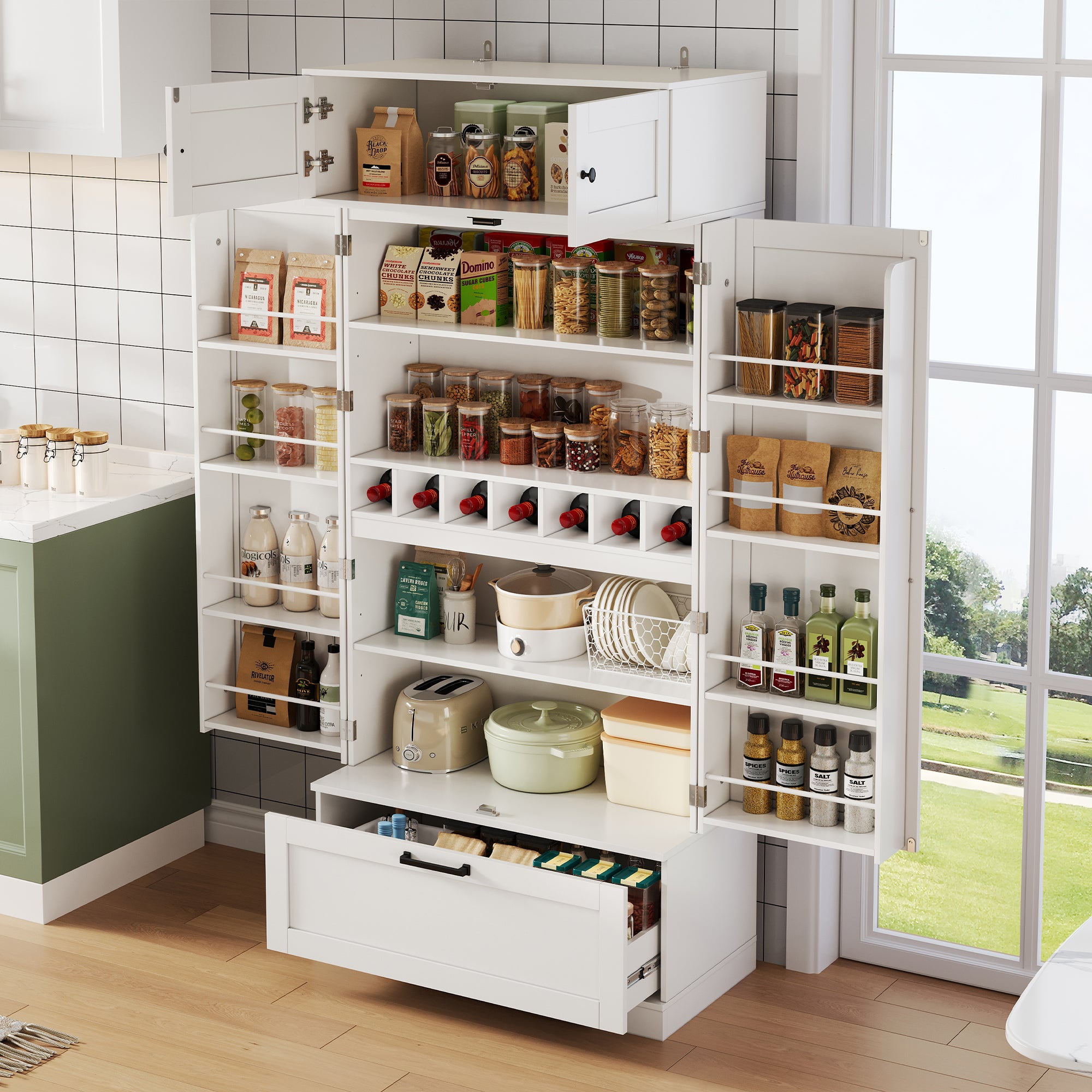 Szafka kuchenna z 4 drzwiami i 1 szufladą - 80 x 40 x 180 cm - regulowane półki - MDF - biała
