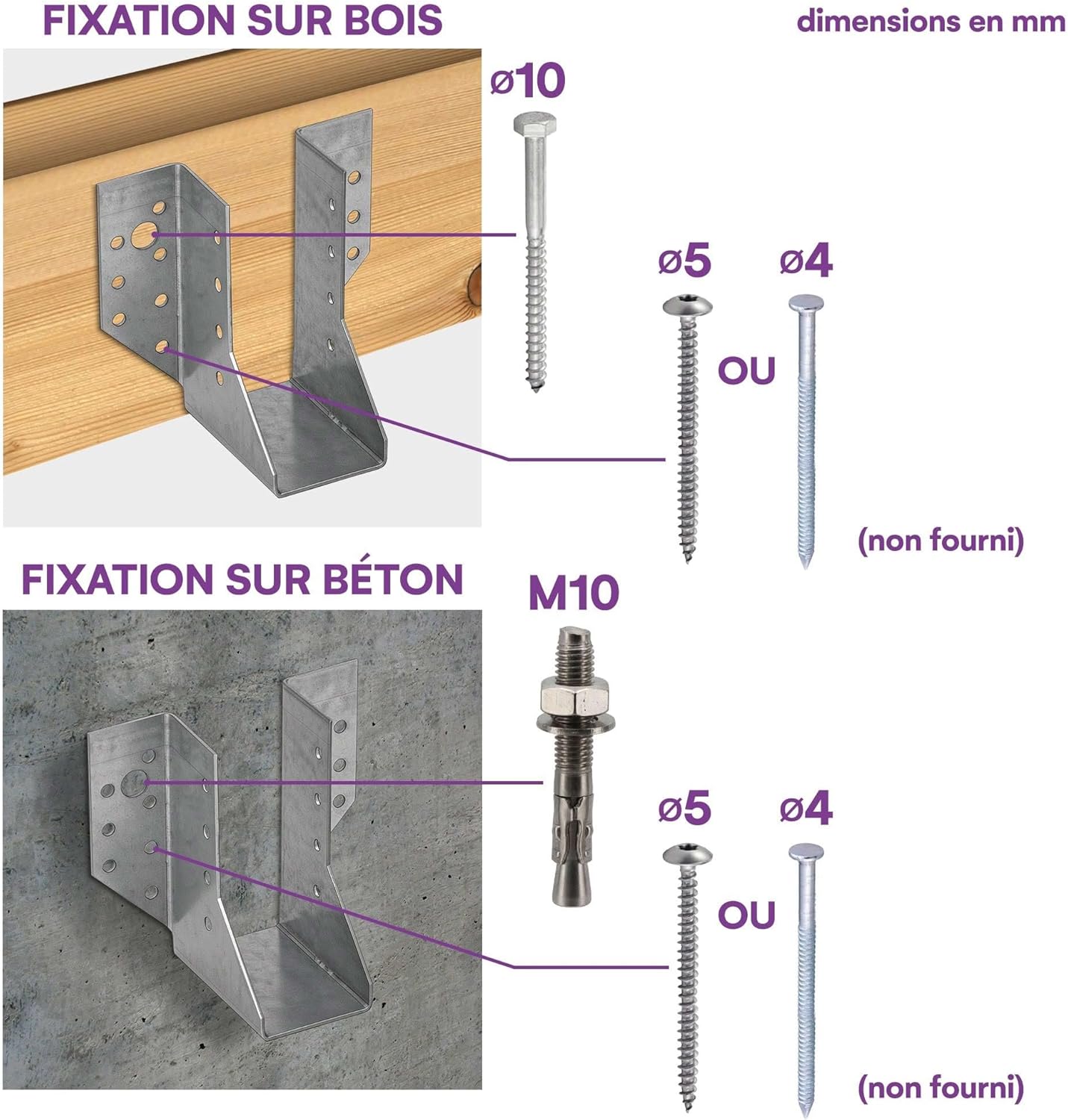 10 sabots de charpente à ailes extérieures - Connecteurs de poutres - Acier galvanisé - Larg 45 x Ht 110 mm - Fabriqué en Europe - 3