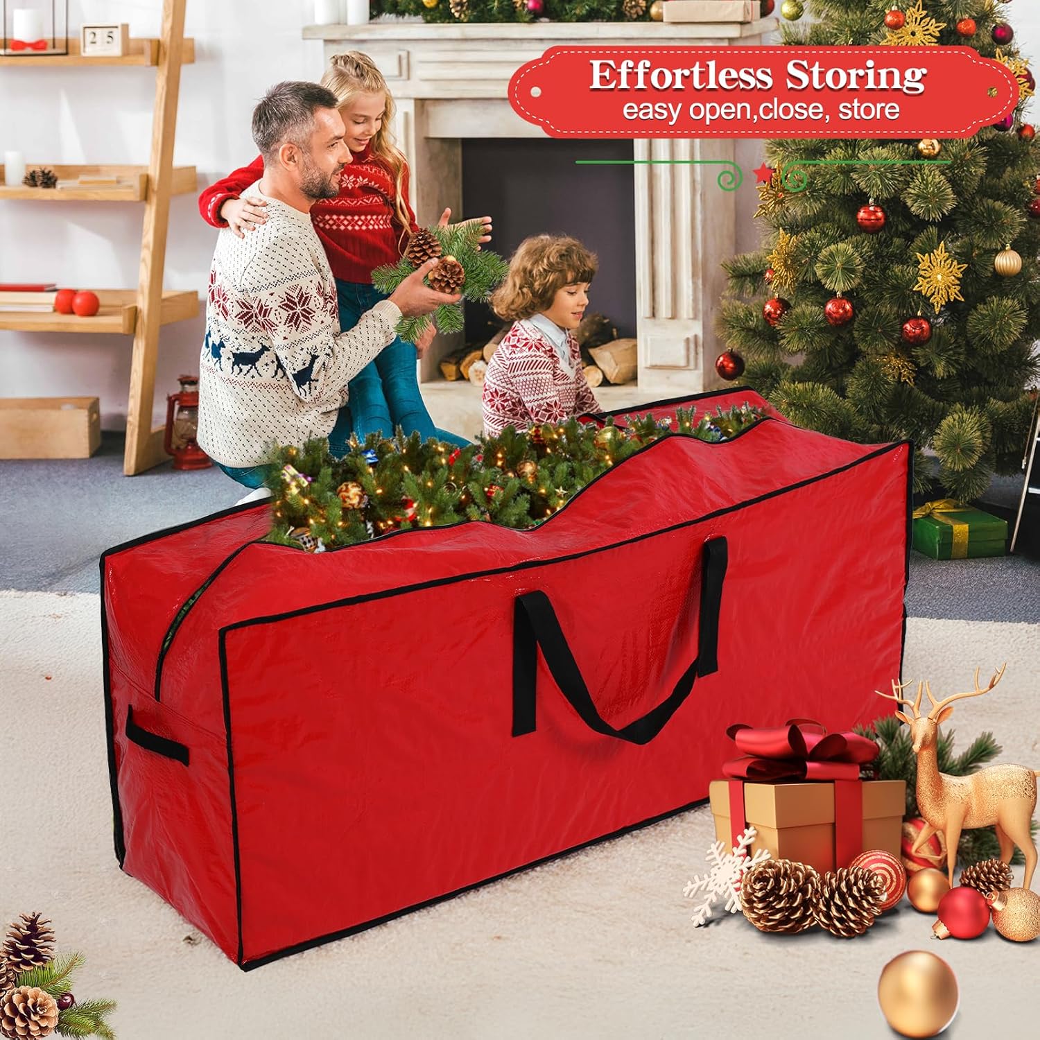 Sac de Rangement pour Sapin de Noël Démontable, Grand Conteneur de Stockage Renforcé 122x38x50cm , Housse de Protection pour Arbre Artificiel - 6