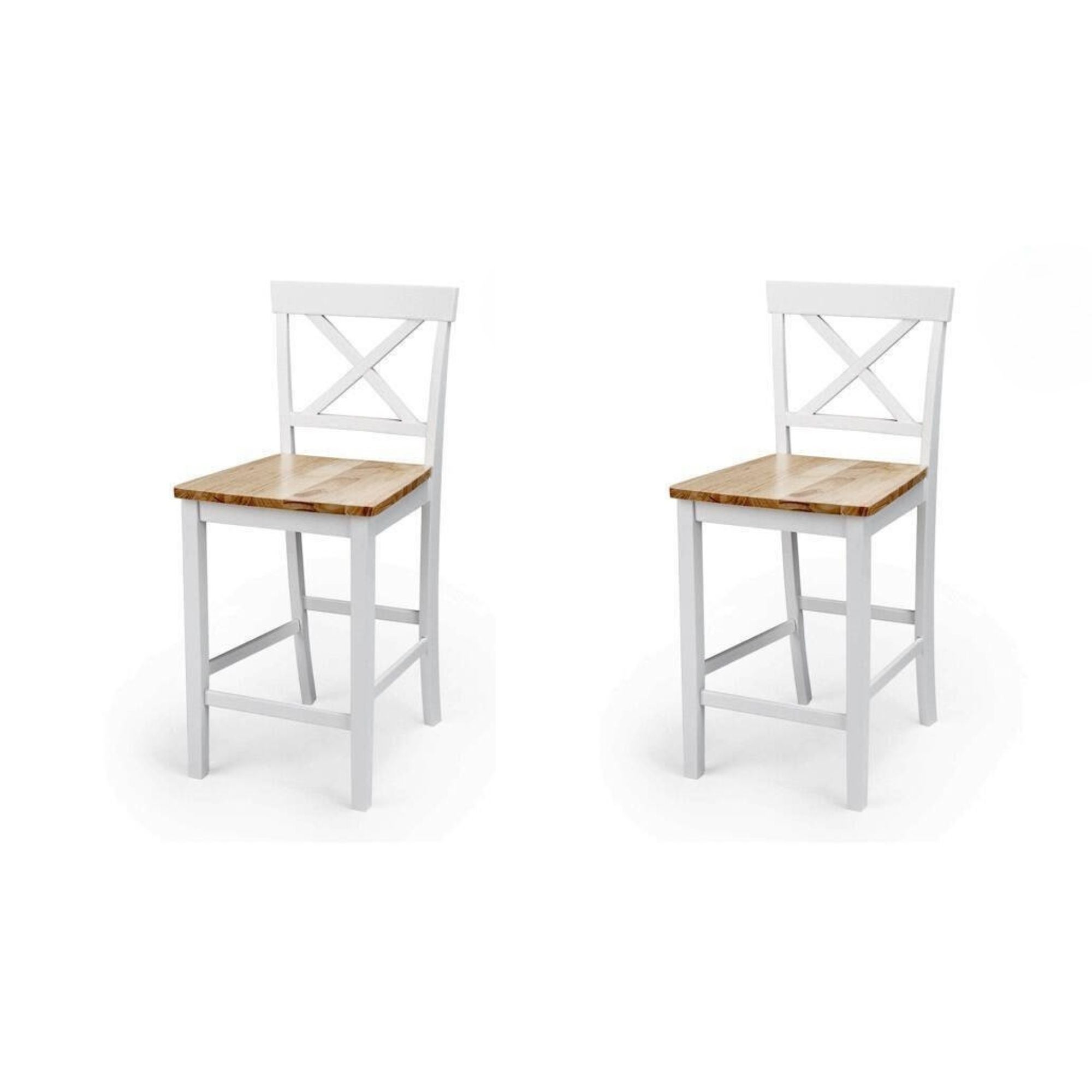 Pakiet 2 drewnianych stołków lakierowanych matową bielą z siedziskiem w kolorze dębu, nowoczesny design, wymiary 41x46,5x95,5 cm