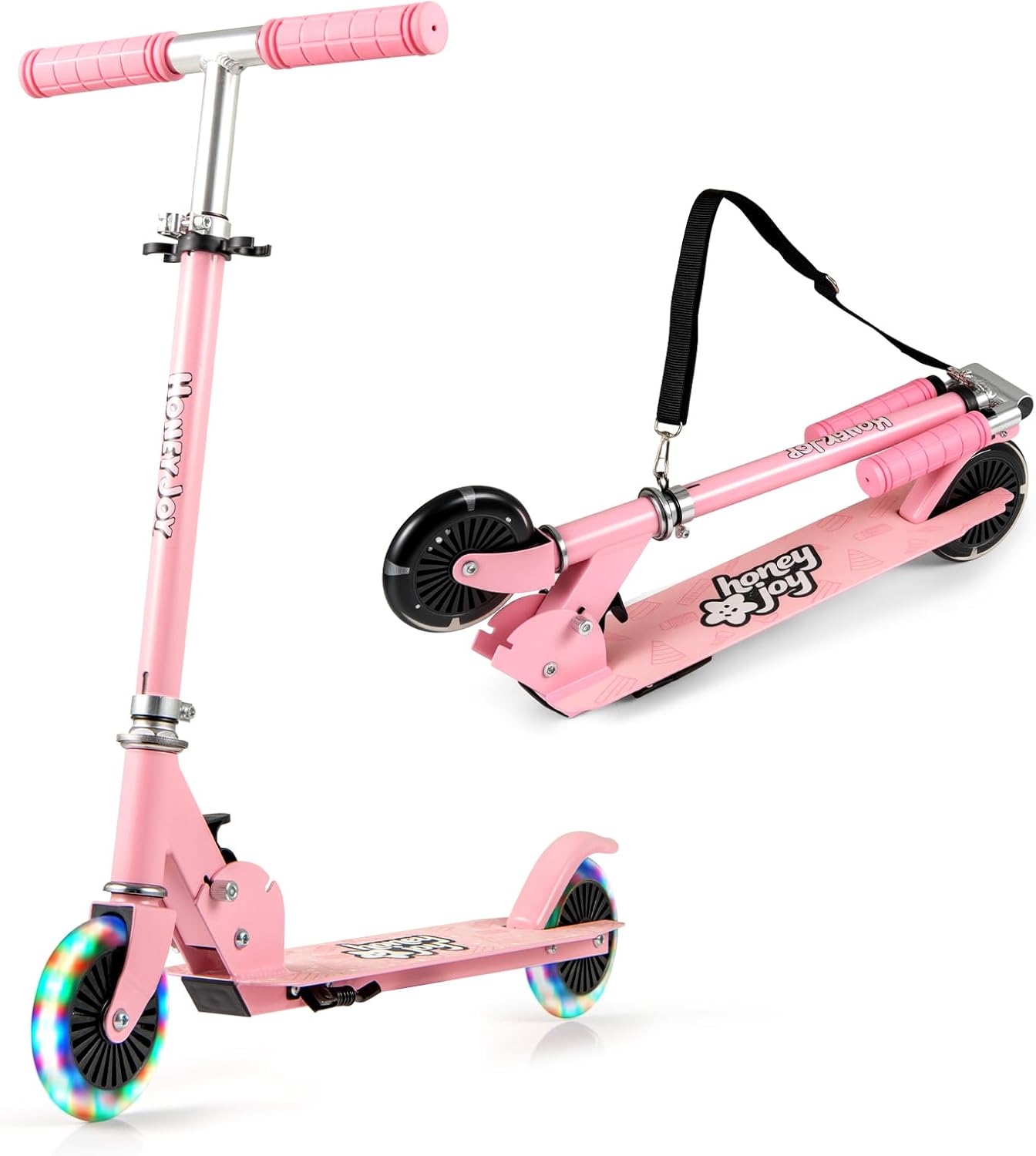 Hulajnoga dla Dzieci Powyżej 3 Lat, Regulowana Wysokość 70-75-80 cm, z Podświetlanymi Kołami LED i Tylnym Hamulcem, Składana Konstrukcja