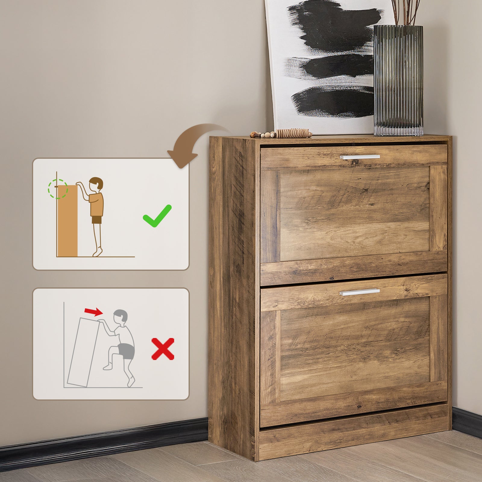 SoBuy Armoire à Chaussures Meuble de Rangement à Chaussures avec 2 Abattants, Marron, FSR137-F - 5