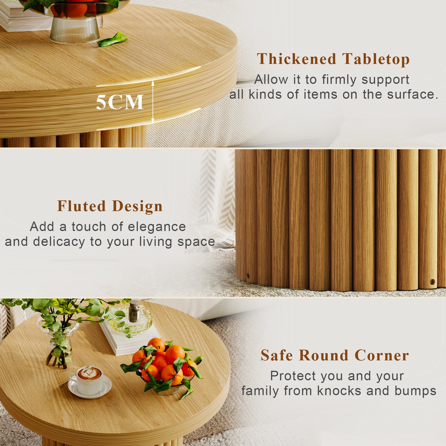 Table basse Ronde avec Aspect du Bois, Table de Salon Moderne avec Pied en forme de cylindre, 60x60x41, Naturel - 4