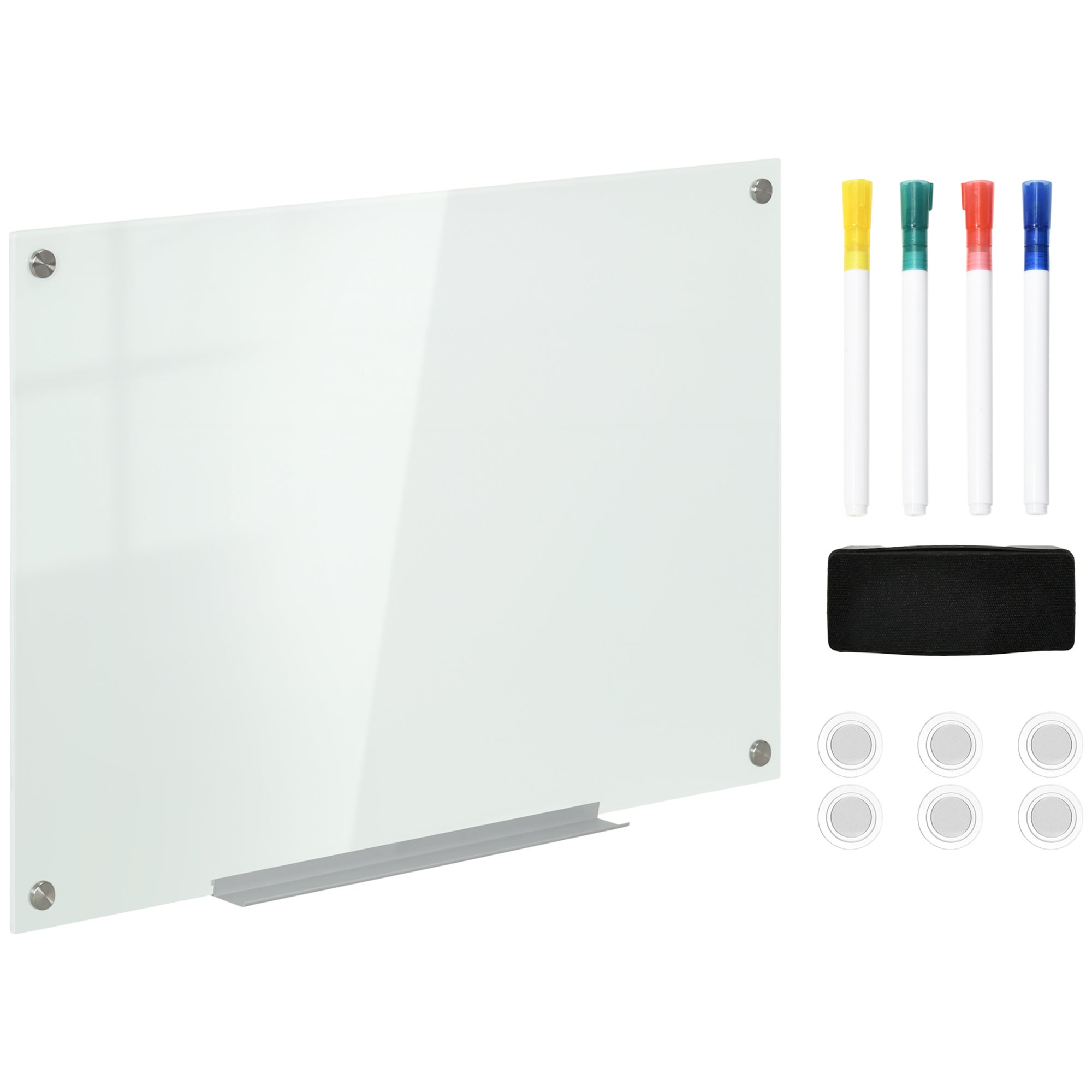 Tablă magnetică Whiteboard 90x60cm cu 4 pixuri 6 magneți 1 burete și poliță, șevalet panou din sticlă pentru montare pe perete, tablă șters, sticlă