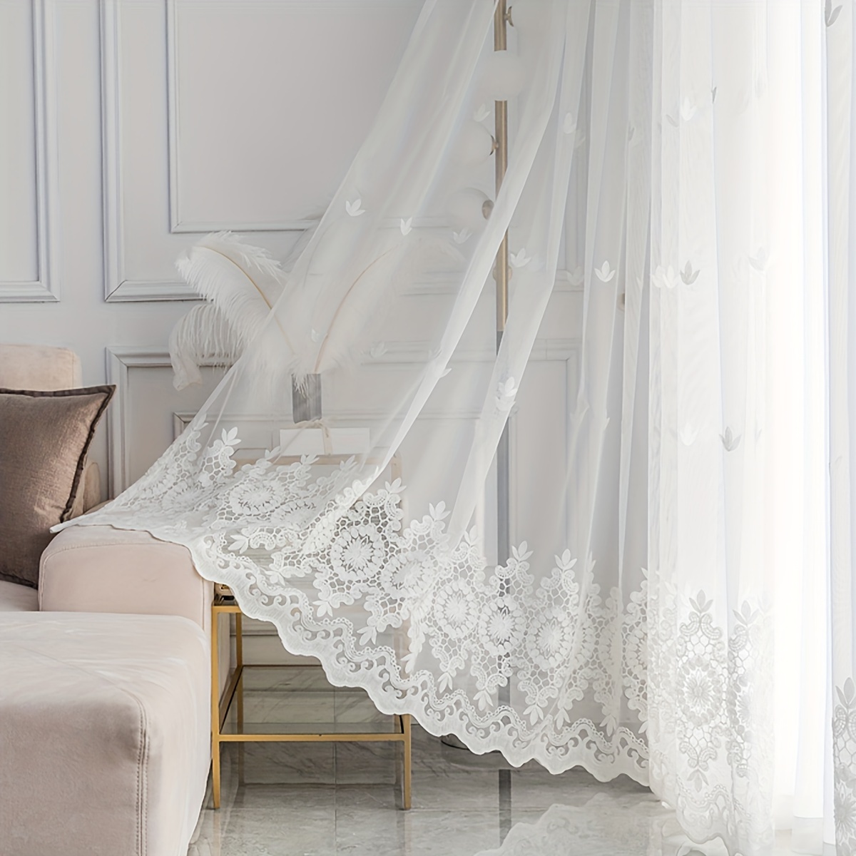 Set di 2 tende in tulle ricamate in pizzo francese, tende in tulle con pizzo a trifoglio, 52