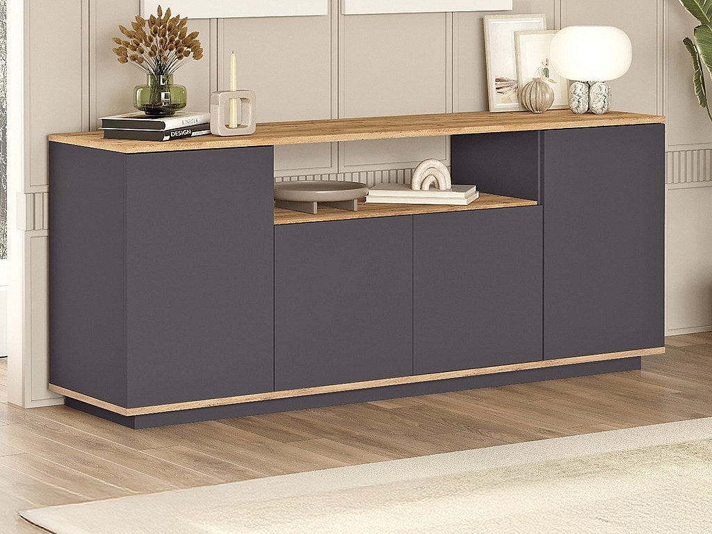 Aparador con 4 puertas y 1 estante - Antracita y natural - LOTULA - 1