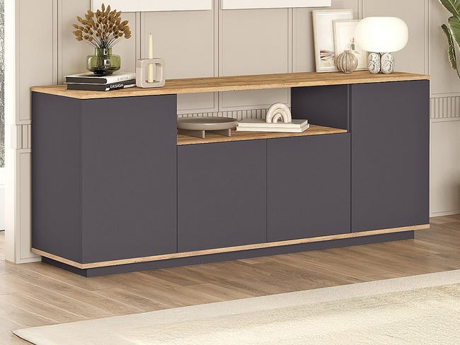 Aparador con 4 puertas y 1 estante - Antracita y natural - LOTULA - 1