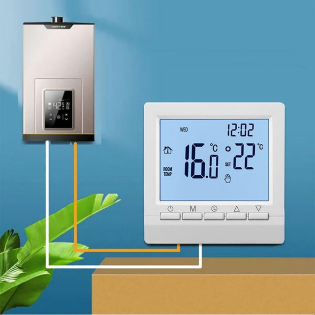 1 x Termostato de caldeira operado por bateria, regulador de temperatura ambiente programável, segurança para crianças, ajuste de temperatura: 5-90 °C