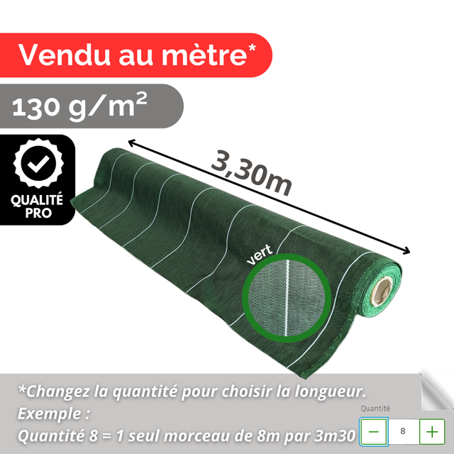 Toile de paillage 130g m2 Vente au mètre Largeur 3,30m Anti-Mauvaises Herbe Couleur Vert Bache Tissée