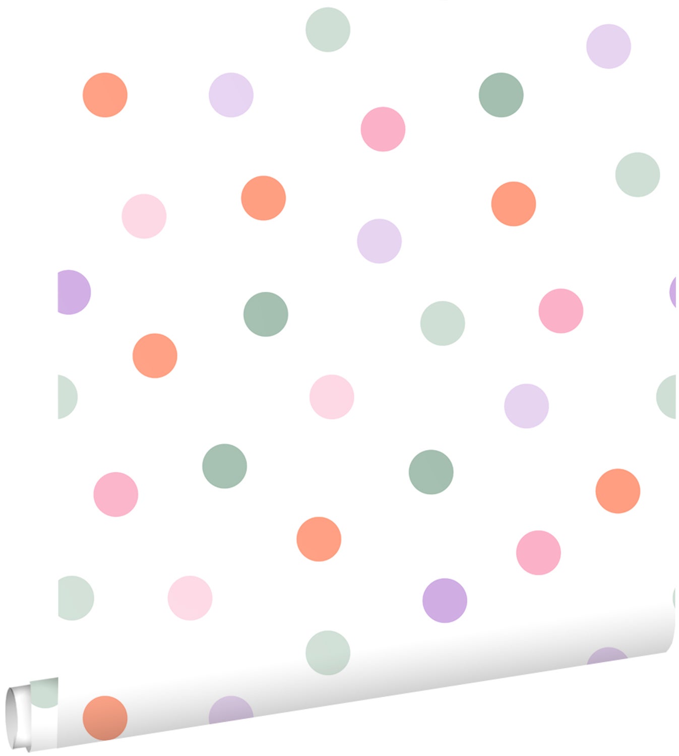 Papel pintado puntos lunares polka dots morado, naranja, rosa y verde - 50 x 900 cm - estahome