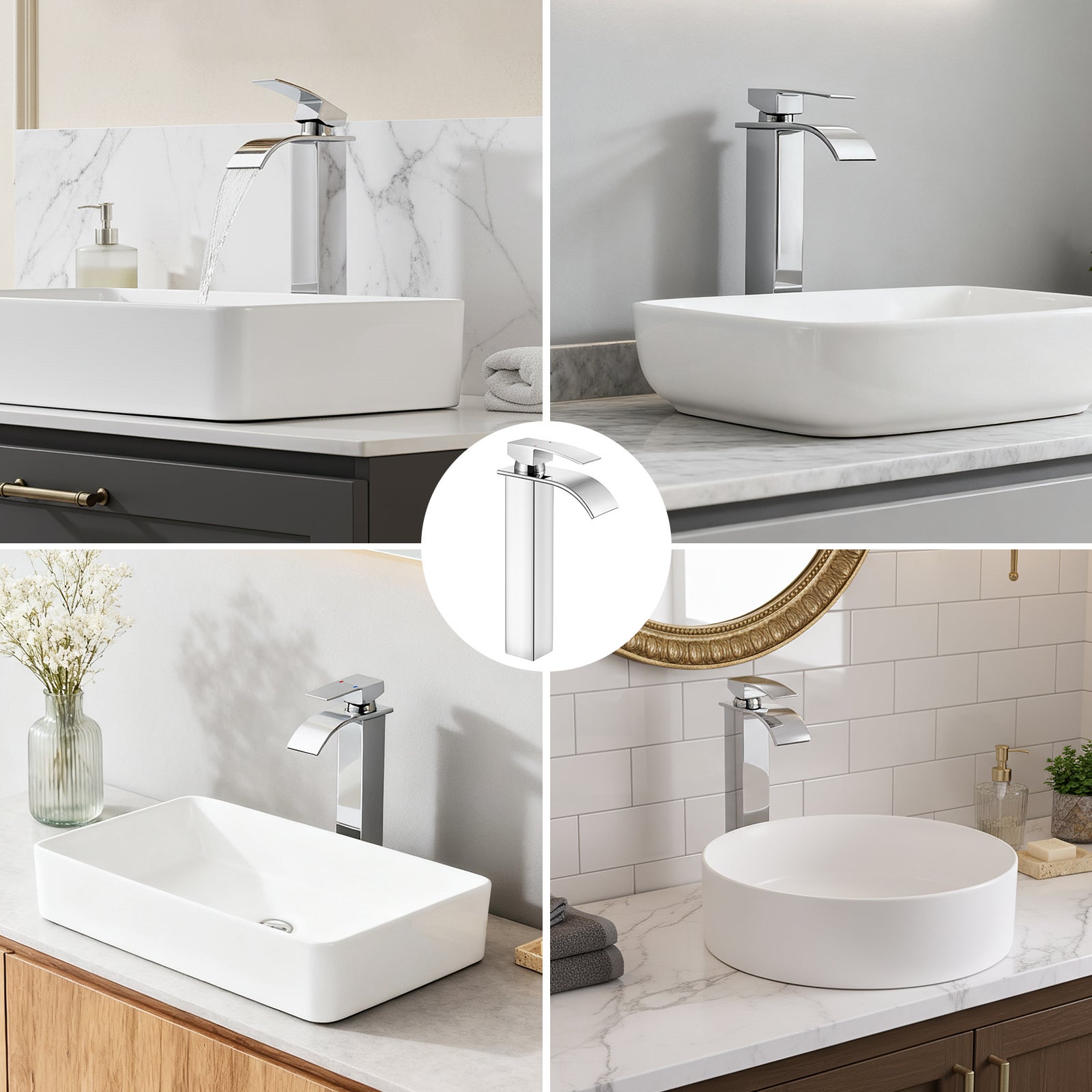 Grifo de lavabo cromado tipo cascada, grifo de baño con agua caliente/fría, mezclador de lavabo de acero inoxidable 304 - 3