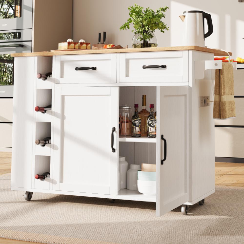 Leroy Merlin Isla De Cocina Multifuncional Con Carrito, Tomas Integradas, Armario Desmontable, Botellero, Buffet Con Vetas De Madera, Plegable Blanco 