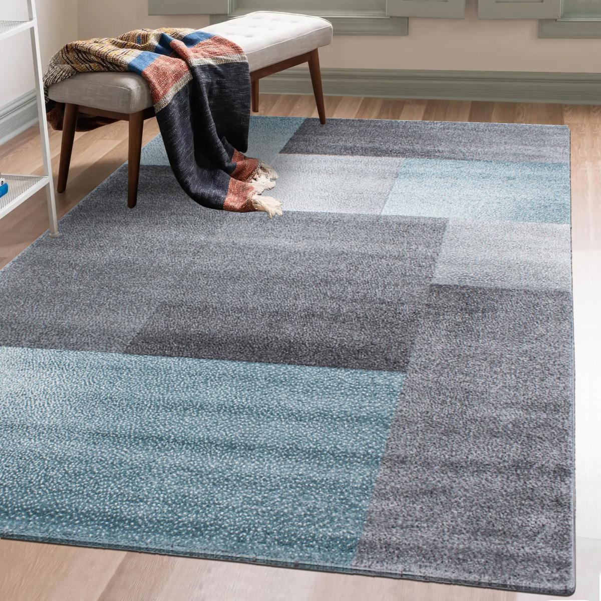 tapis grand salon 160x230 tissé bleu et gris rectangle motif géométrique KARLUK - 2