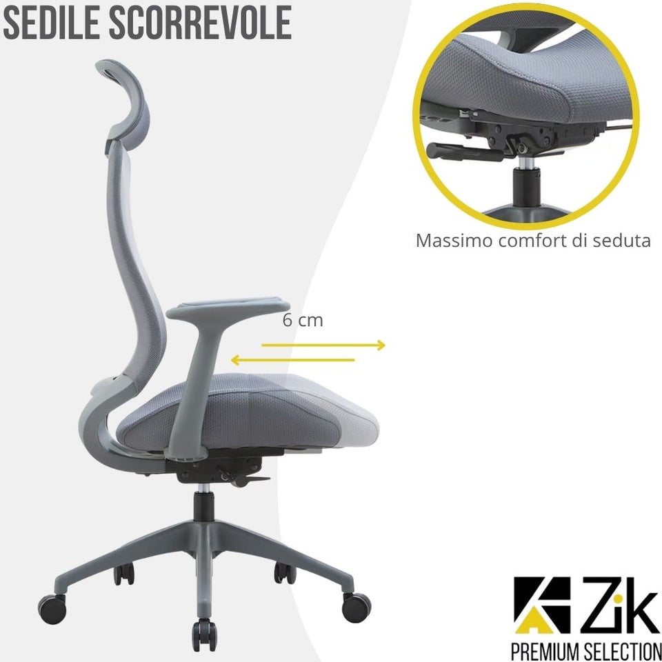 Fauteuil de bureau ergonomique pivotant, avec accoudoirs et appui-tête, assise coulissante et soutien lombaire, dossier oscillant, réglable - ZIK - 7