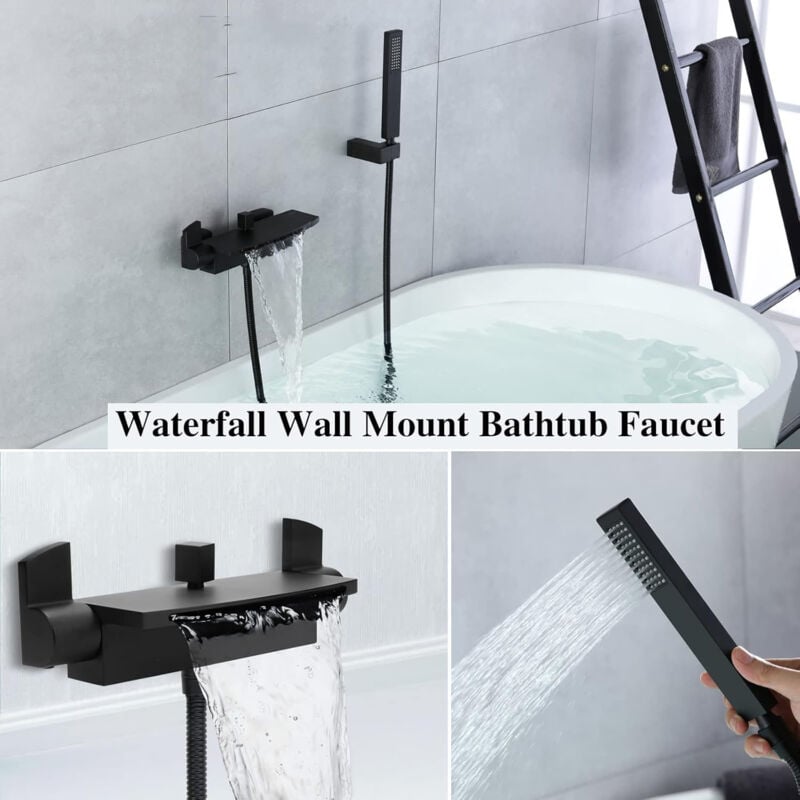 Robinet de Baignoire Cascade Thermostatique avec Douchette Robinet mitigeur Laiton Robinet Douche ​Montage Muralavec Douche Chaud Et Froid Noir - 2