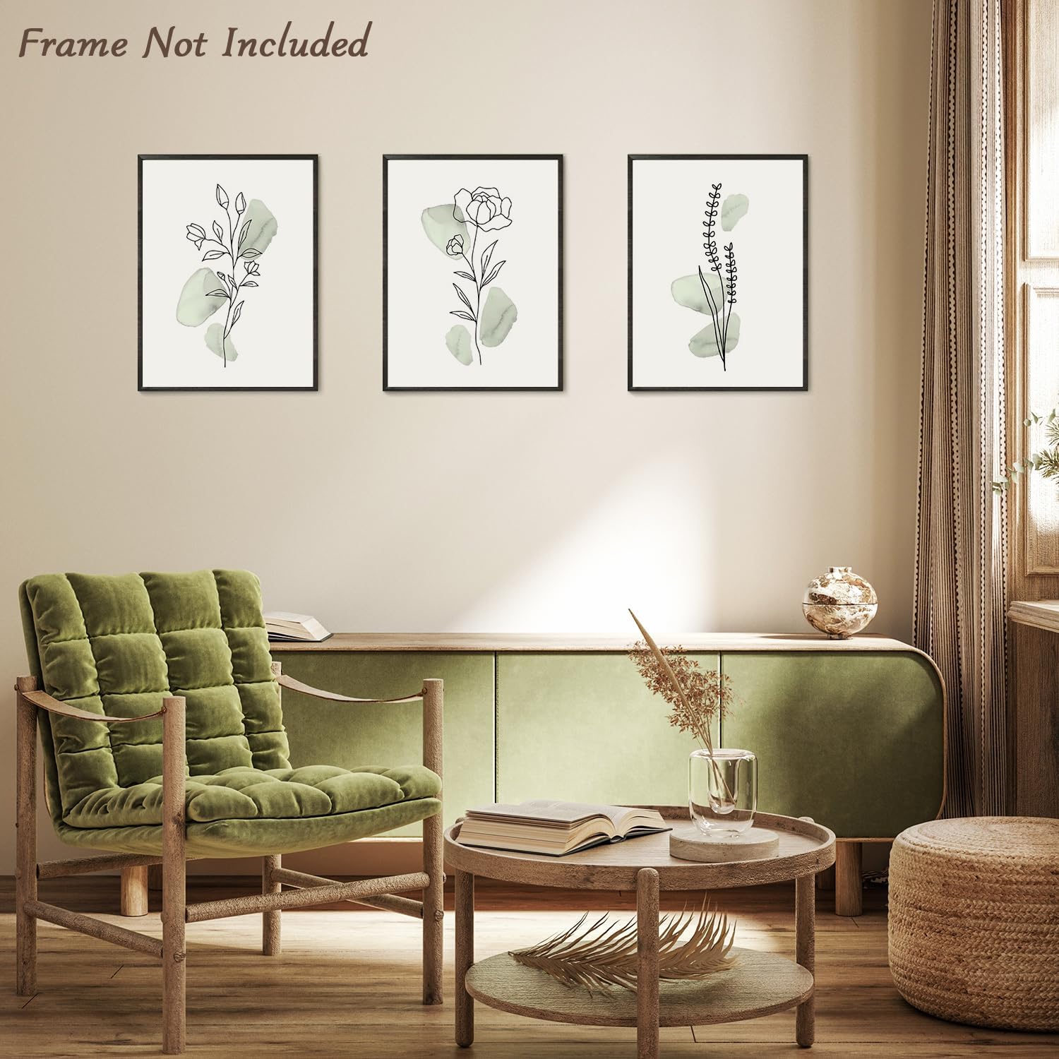 Tableau Décoration Murale Moderne Minimaliste Fleurs en Toile, Art Mural Vintage Vert Sauge, Affiches Florals Aquarelles 30x40 cm Sans Cadre, Lot de 3 - 2