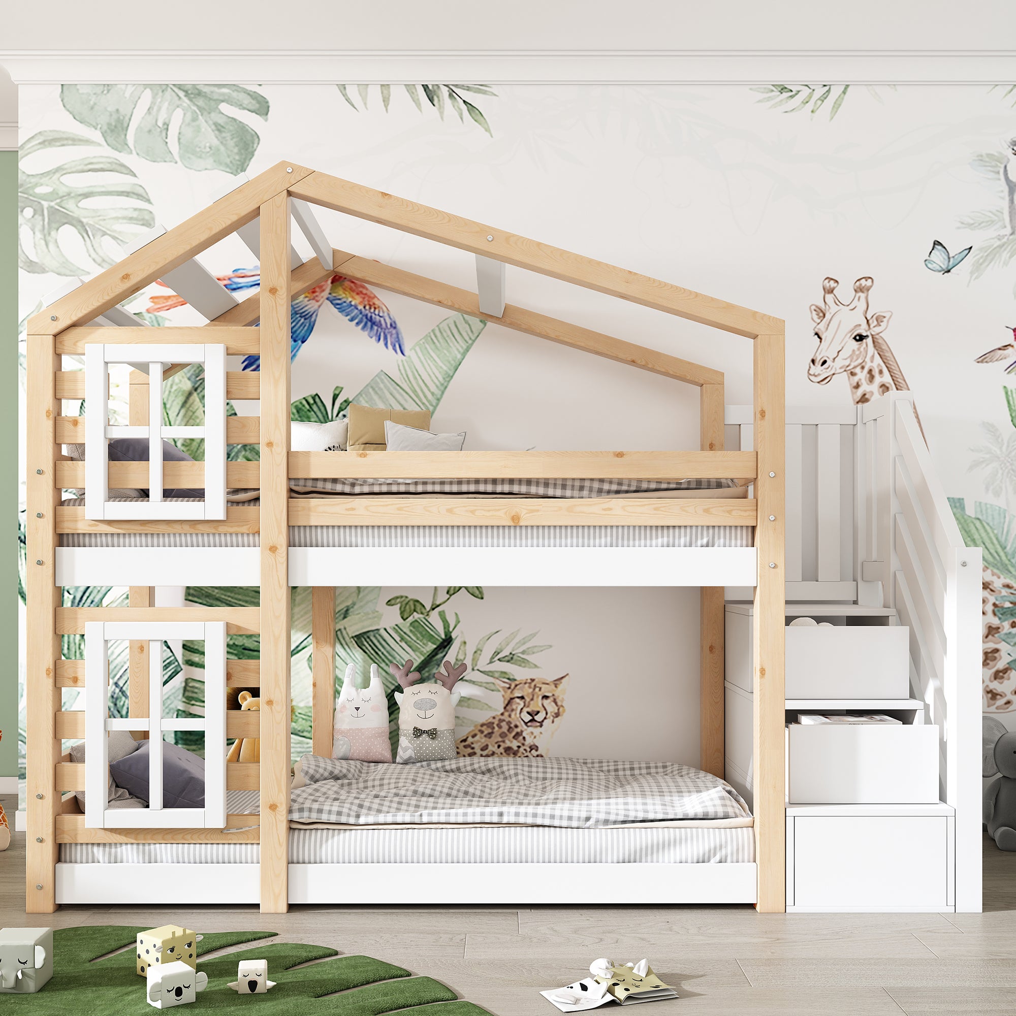 Łóżko dziecięce 90 x 200 cm, model z szybami, schowkiem i barierkami zabezpieczającymi, kolor naturalny i biały