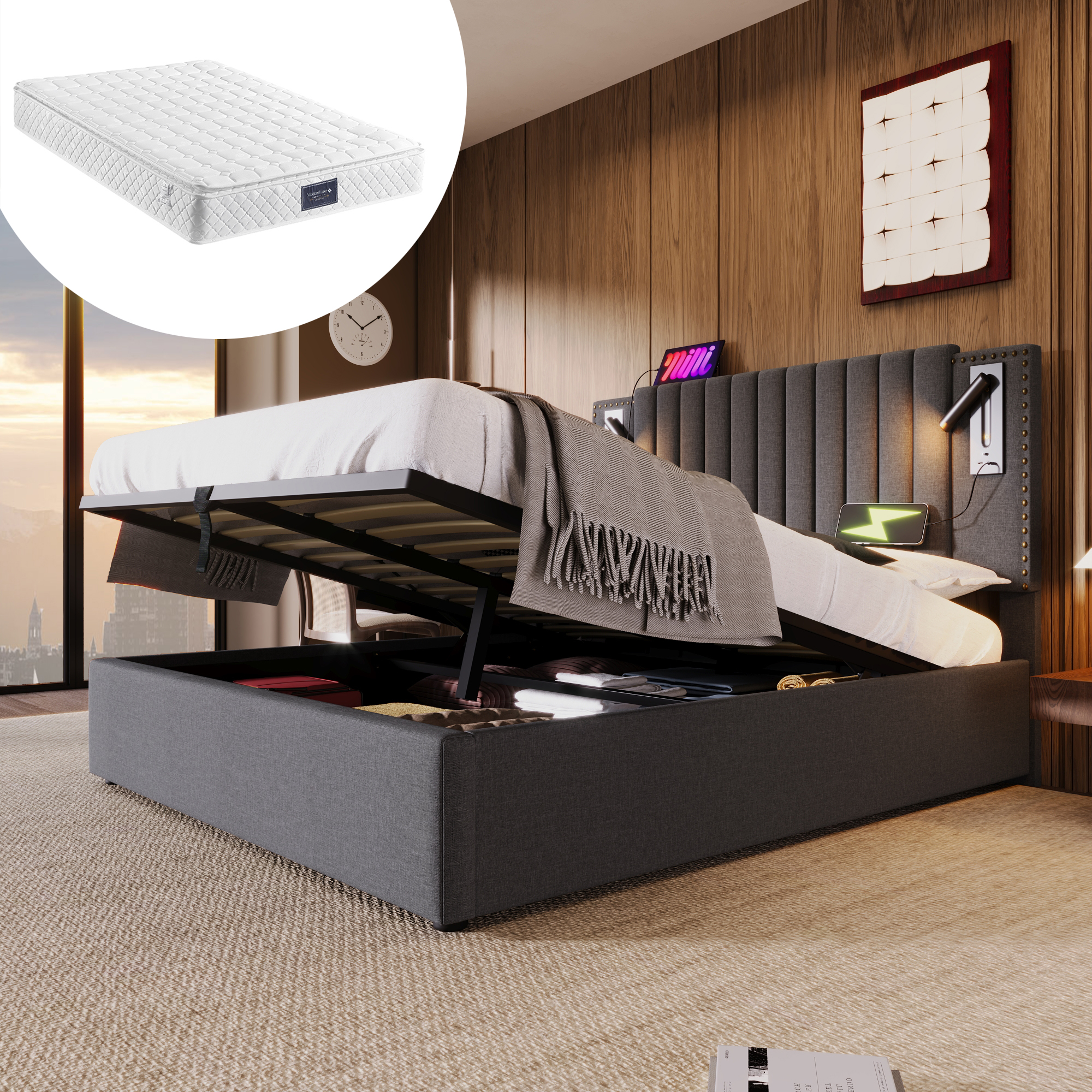Łóżko 140x200 z materacem i poduszką - Regulowany poduch wbudowanym USB światłem do czytania - Przechowywanie pod łóżkiem - Bawelna szara