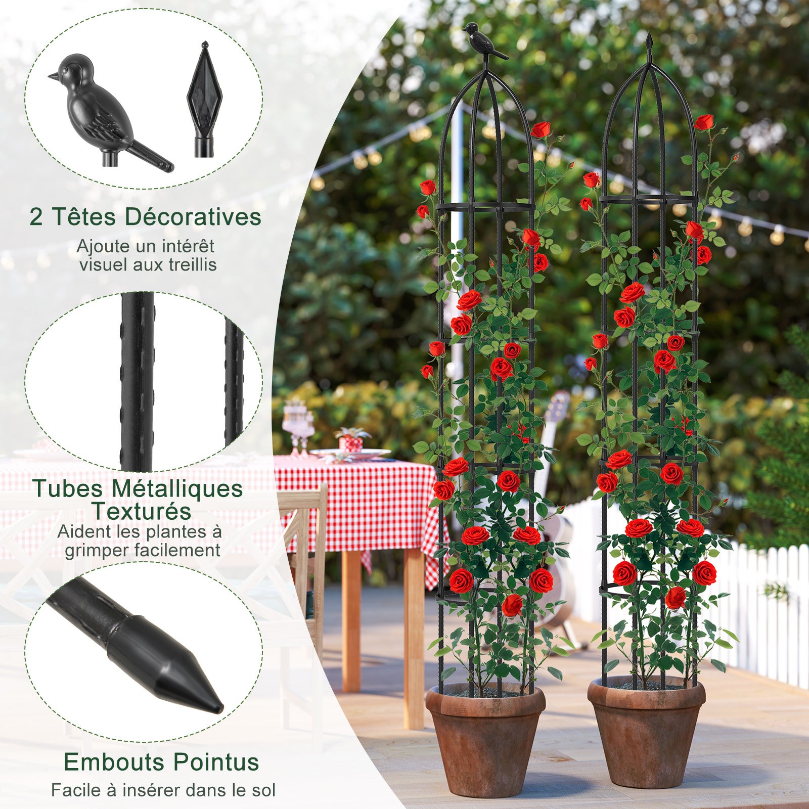 Lot de 2 Treillis Obélisque de Jardin Hauteur Réglable, Support pour Plantes Grimpantes en Métal Antirouille Mangeoire à Oiseaux, 30 x 197 CM - 6