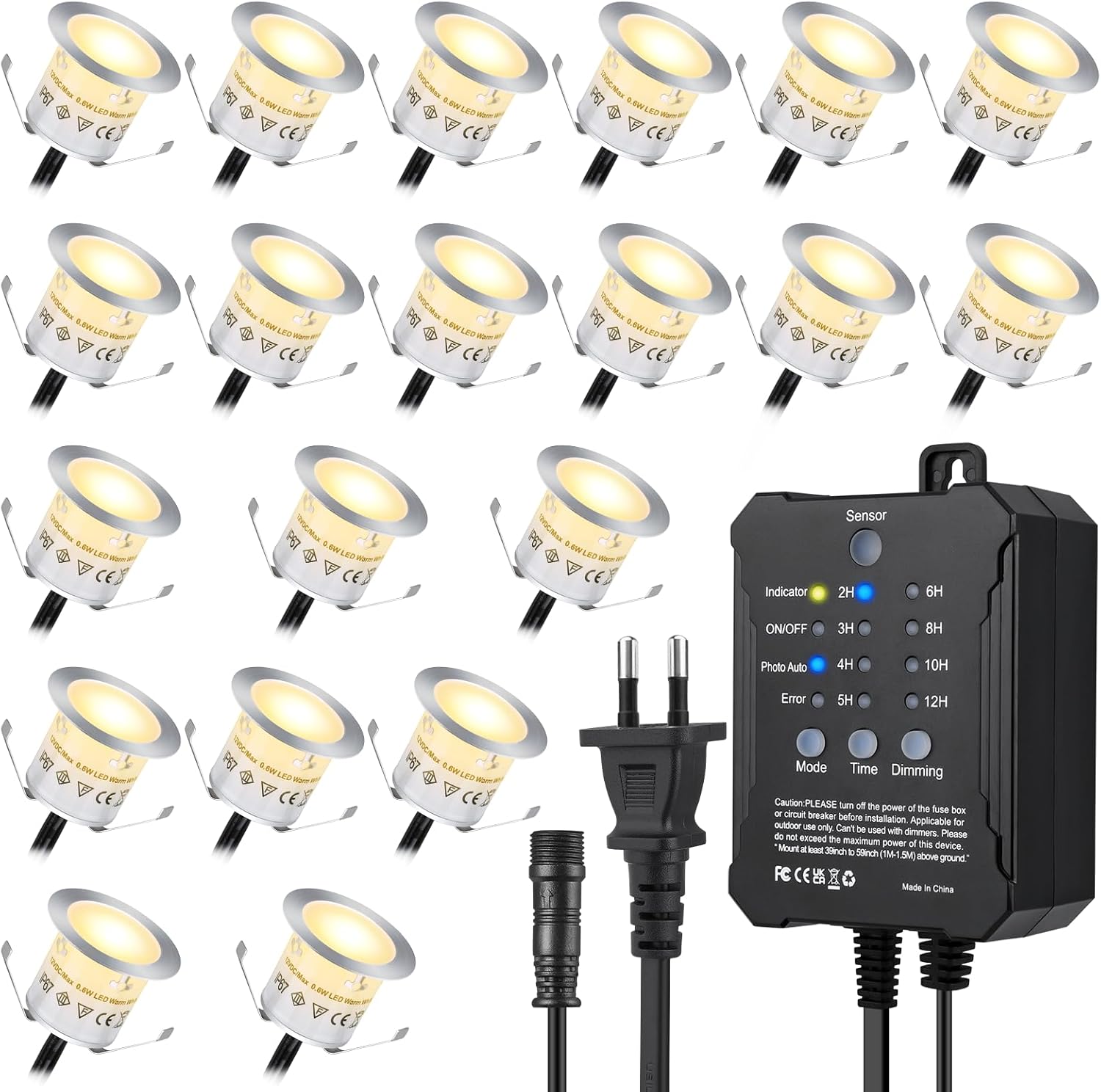 20 Spots LED Encastrables Extérieurs Dimmables - IP67, Minuterie, Capteur Crépusculaire, Blanc Chaud