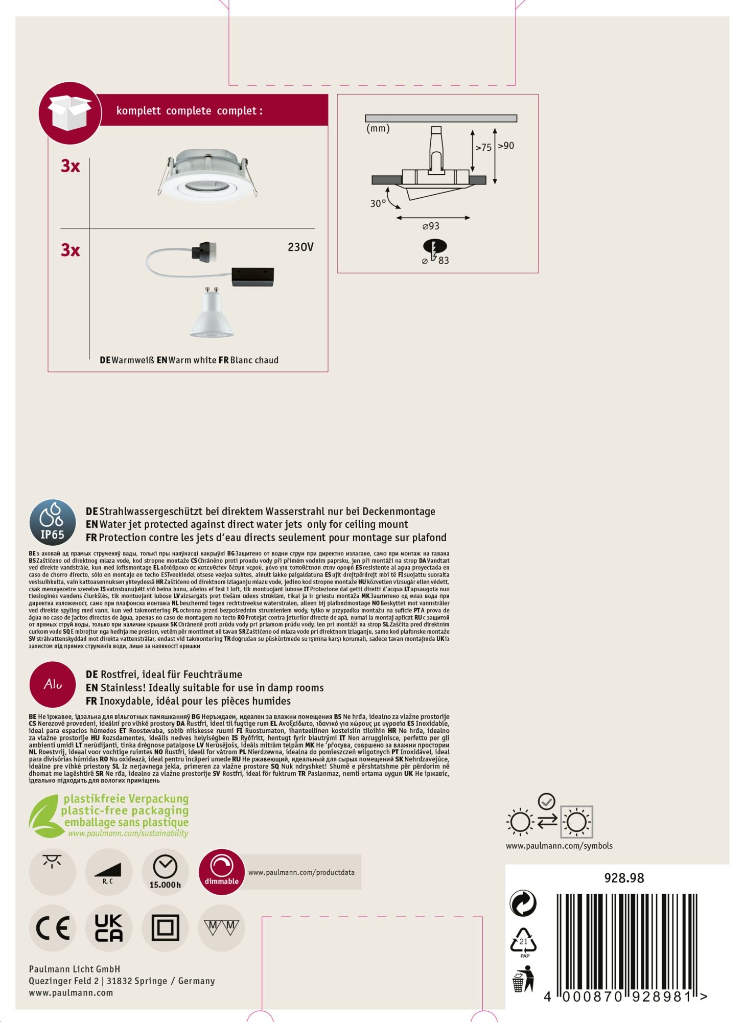 Spot encastré LED Nova Plus Kit de 3 orientable IP65 rond 93mm 30° GU10 3x7W 3x460lm 230V gradable 2700K Blanc dépoli - 9