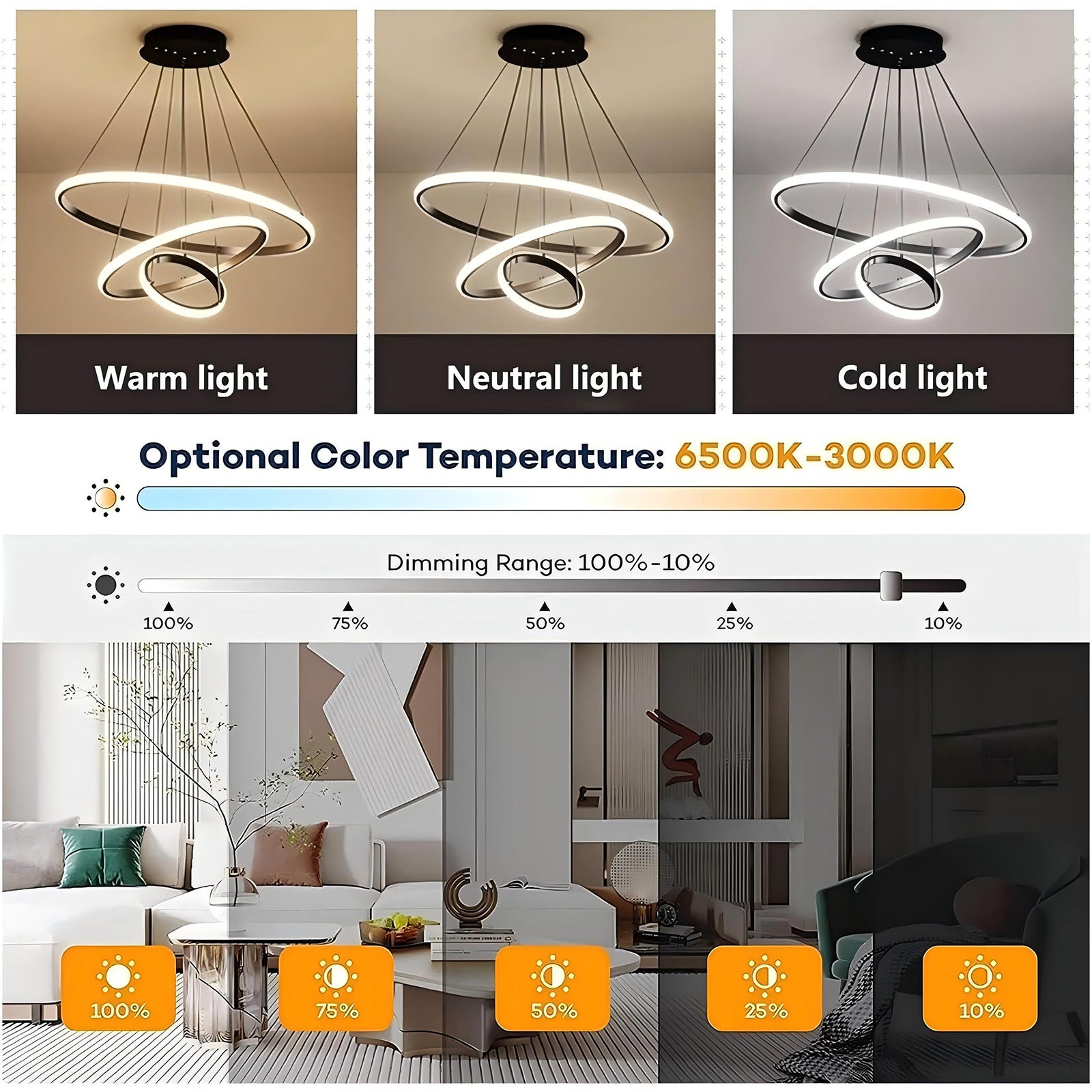 GOECO Suspension Luminaire dimmable - Lustre LED Moderne pour Salon Salle à Manger - Avec télécommande Hauteur Réglable - Noir - Ø.20+40+60cm - 3