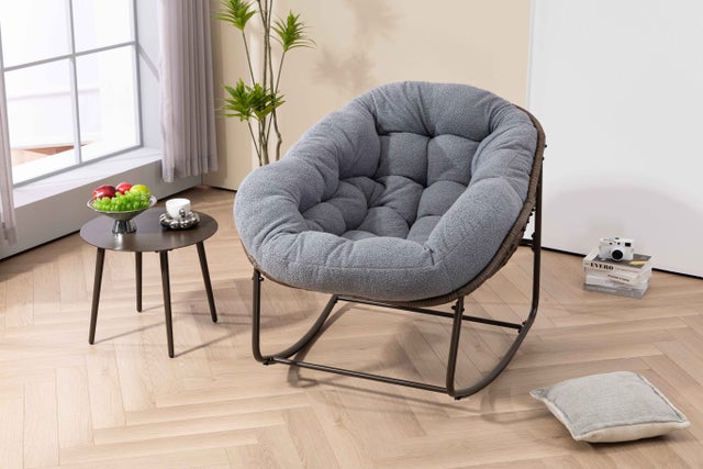 Fotel bujany z syntetycznego rattanu, wygodny fotel bujany z wyściełaną poduszką na werandę, do salonu, na patio, do ogrodu – szary