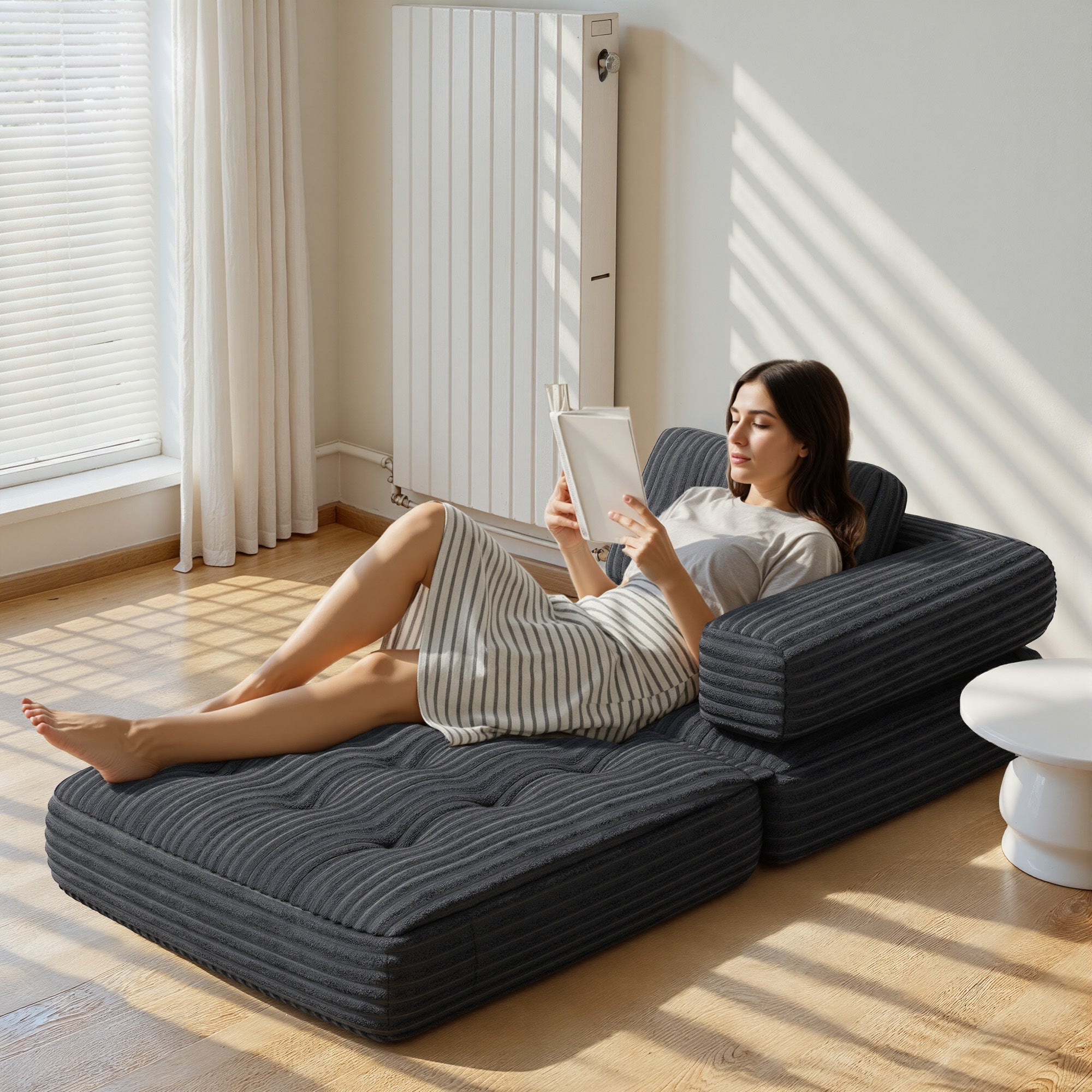 Bealife Canapé Convertible Fauteuil Lit 1 Place en L Gris foncé Velours Côtelé Longue Coussin 85 x 85 cm - 2