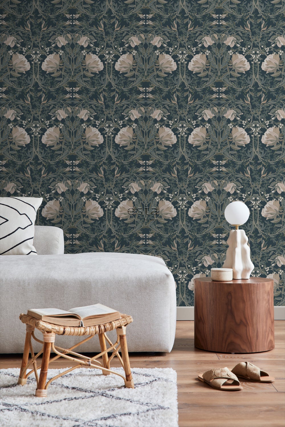 Papier peint fleurs vintage de style art nouveau bleu foncé - 53 cm x 10.05 m - ESTAhome - 6