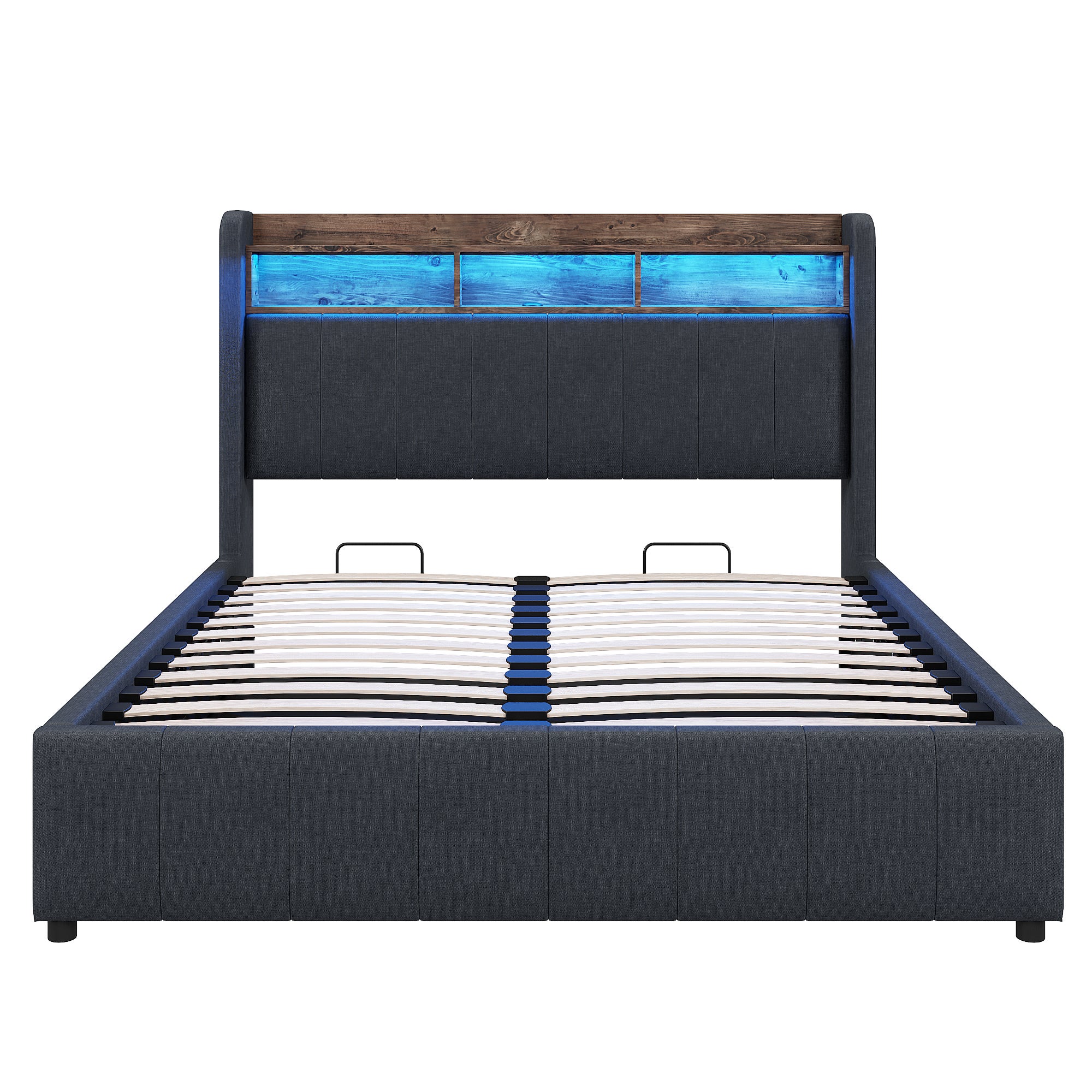 Cama con canapé 140x200 cm con LED, USB y cabecero con almacenamiento, lino gris, sin colchón - 7