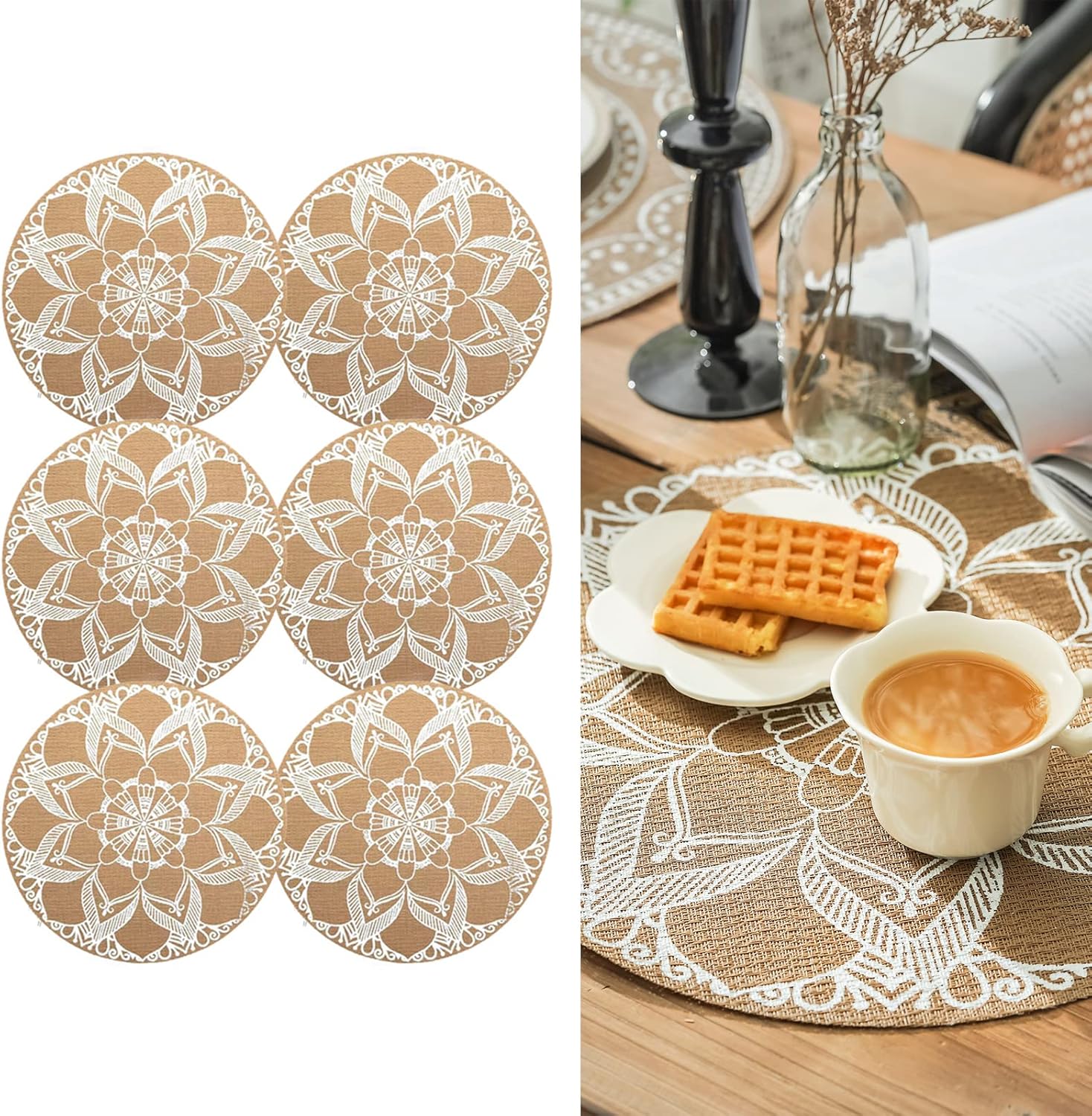 Zestaw 6 okrągłych podkładek pod talerze z nadrukiem w stylu boho, plecione PCV, zmywalne, odporne na ciepło, antypoślizgowe, podkładki na stół kuchen