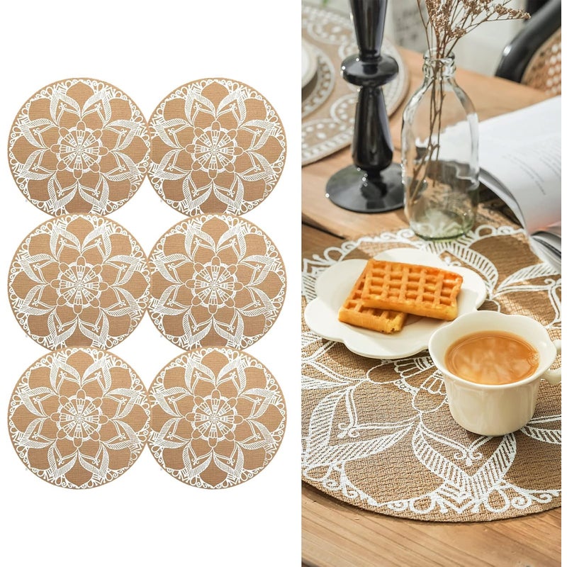 Zestaw 6 okrągłych podkładek pod talerze z nadrukiem w stylu boho, plecione PCV, zmywalne, odporne na ciepło, antypoślizgowe, podkładki na stół kuchen