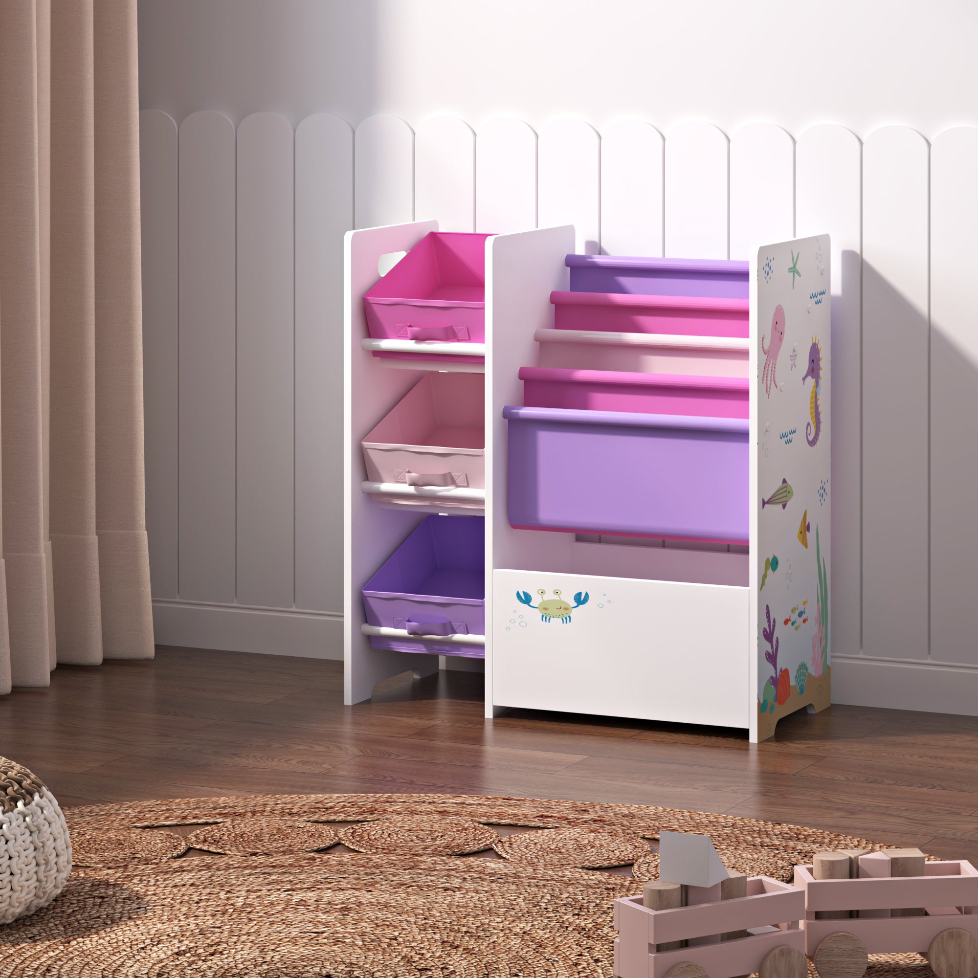 Scaffale Per Cameretta Con Contenitori Morbidi A Scaletta E Cassetti - Mobile Organizzativo Unicorno Viola/rosa Per Bimbi