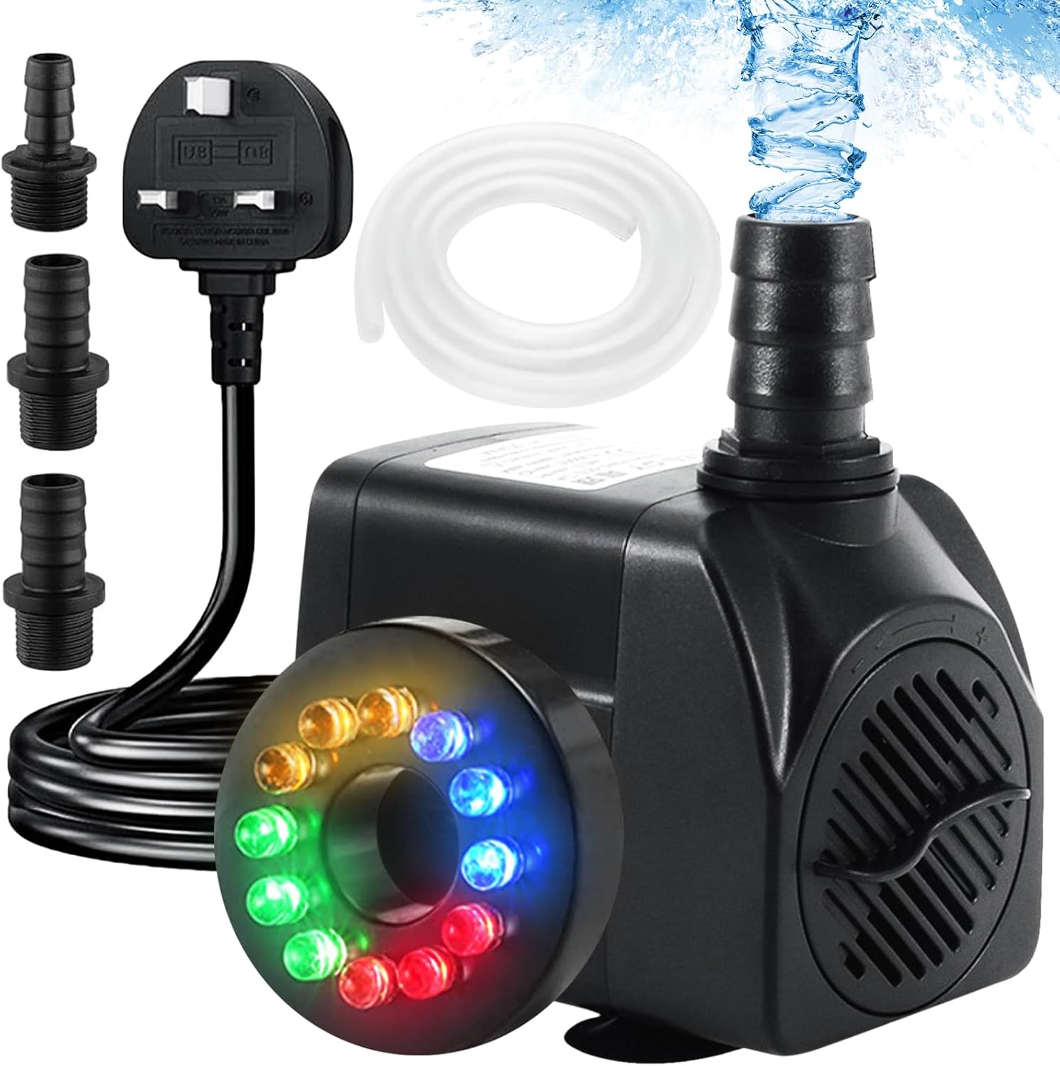 Pompa fontannowa 25 W 1 500 l/h z 12-kolorowym oświetleniem LED do fontanny, oczka wodnego, ogrodu, akwarium (z rurką)