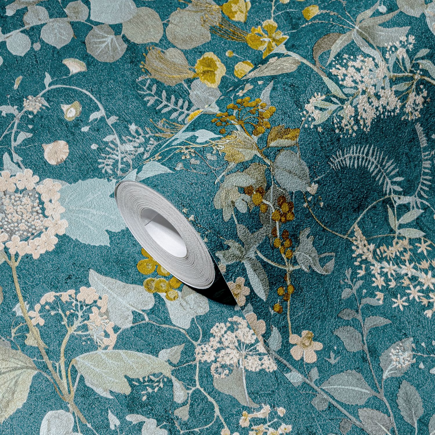 Papel pintado flores azul petroleo, azul, amarillo y verde - 53 cm x 10.05 m - a.s. création