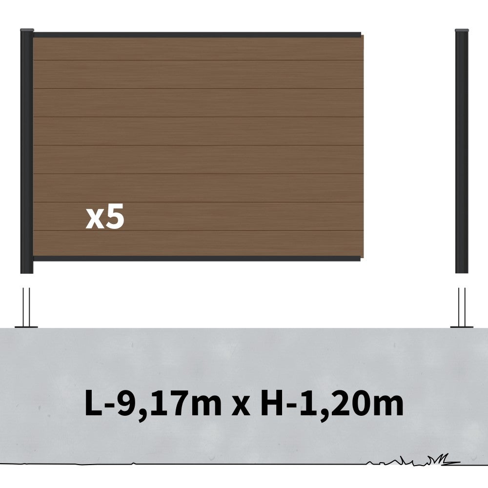 Kit Clôture Composite sur Muret RIO Bronze 9x1,2m - Bois composite & Aluminium - Poteaux sur Platines Noir - Brise vue - 2