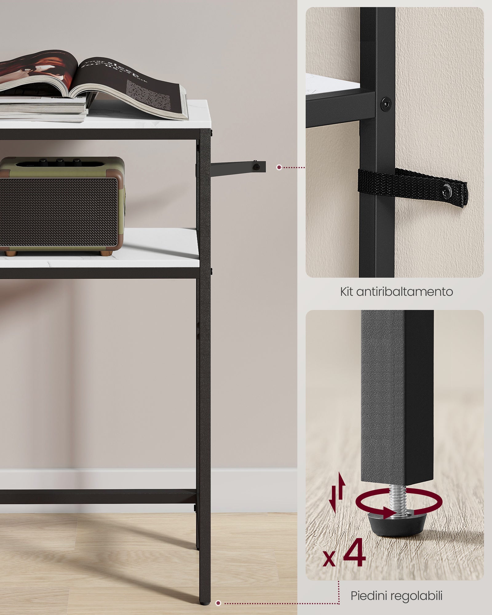 Tavolo Consolle Stretto Moderno con 2 Ripiani, 20 x 80 x 80 cm, Bianco Marmo e Nero Inchiostro - 4